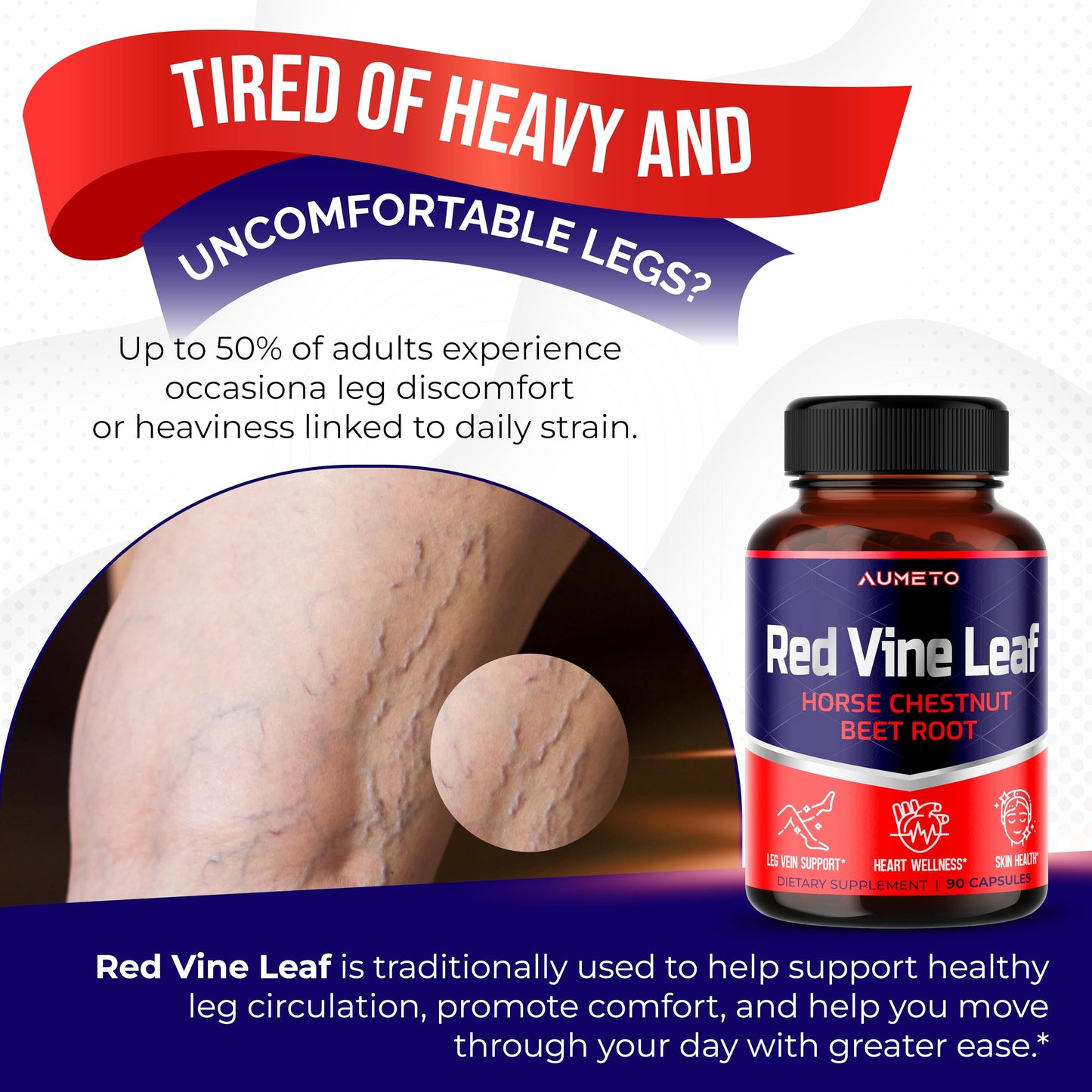 AUMETO Red Vine Leaf Supplement with Horse Chestnut, Beetroot, Ginger Capsules 90