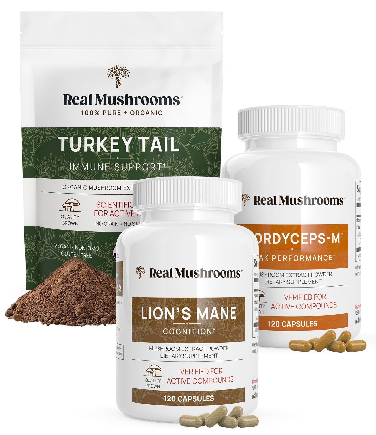 Real Mushrooms Immune Support, Cognition, & Performance Boost Bundle - Turkey Tail Organic Extract Powder (45g) | Lion’s Mane (120 Capsules) | Cordyceps-M (120 Capsules) 2-Pack