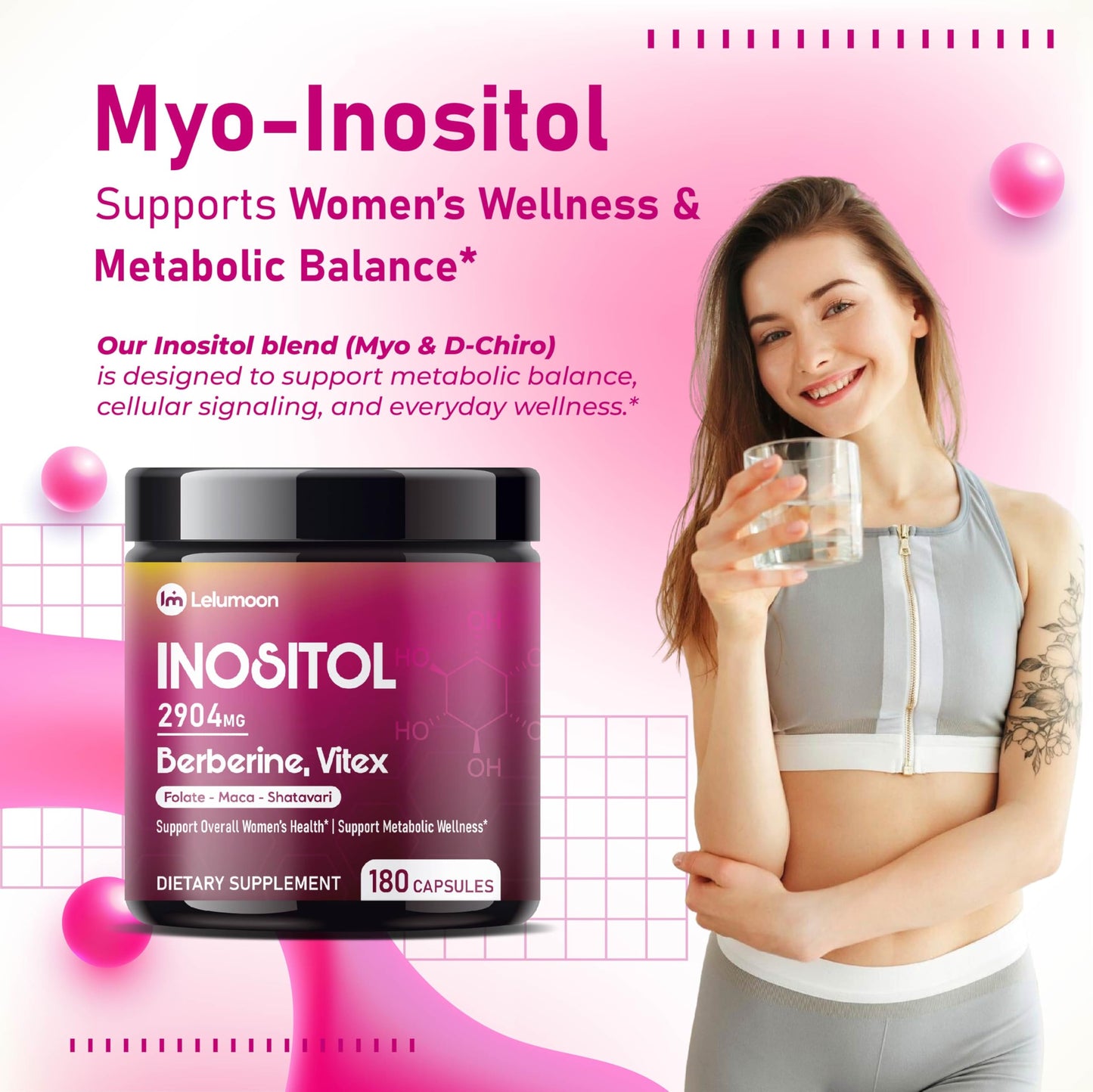 LELUMOON Inositol 2904 mg with Berberine, Vitex, Ashwagandha & Shatavari Capsule, 180 Capsules