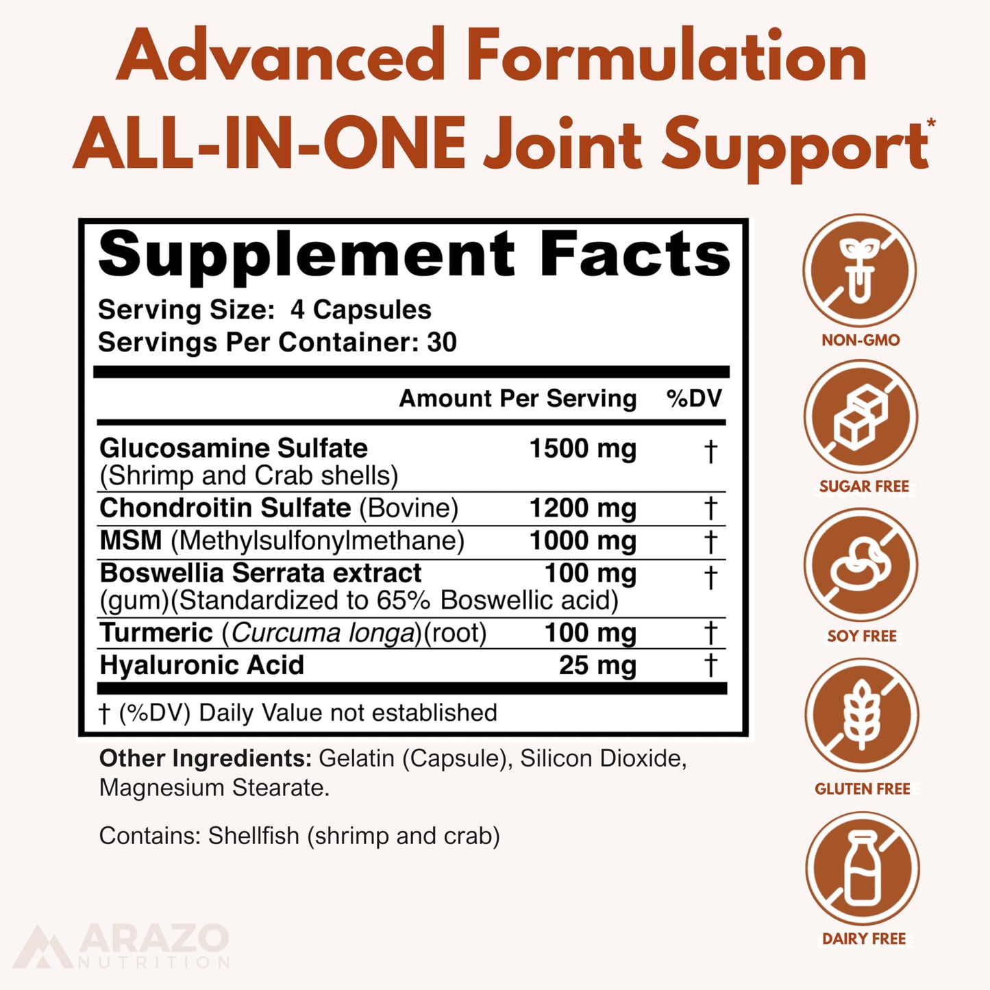 Arazo Nutrition Glucosamine Chondroitin Turmeric MSM Boswellia Joint Support, 120 Capsules