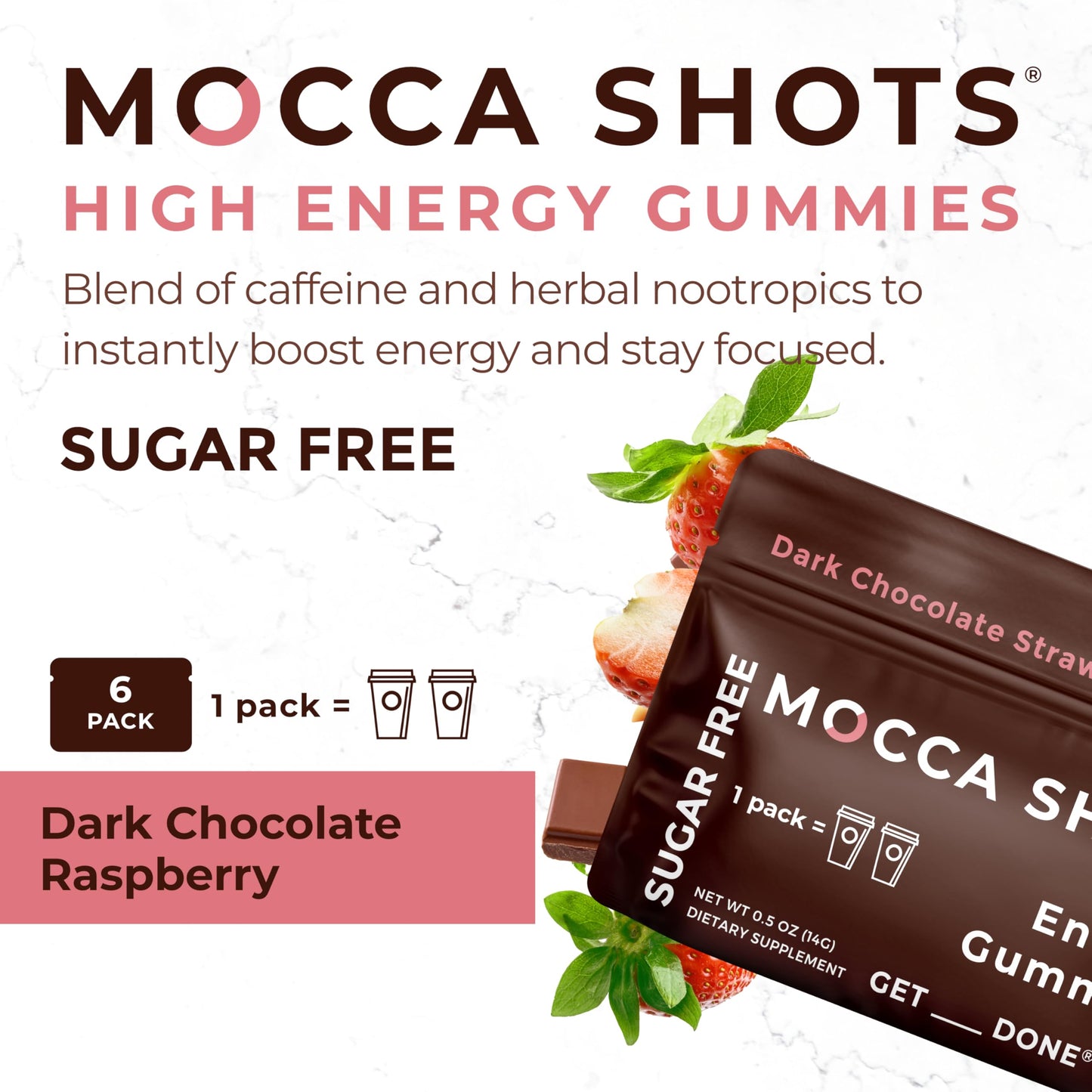 SGC Mocca Shots Sugar-Free Caffeine Gummies Strawberry 200mg, Gummy, 12