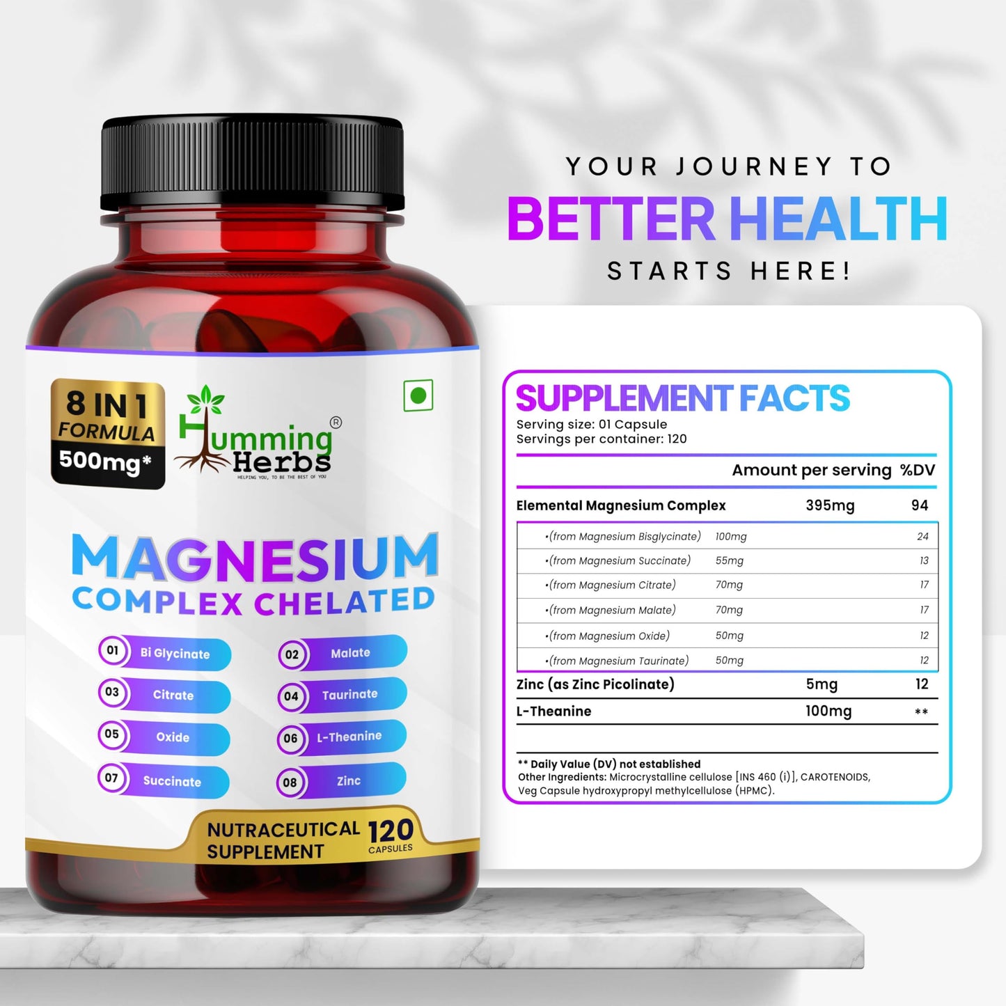 Humming Herbs Magnesium Complex Chelated Supplement 500mg, 120 Vegan Capsules