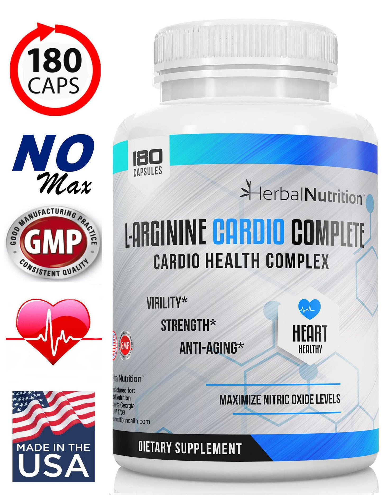 Herbal Nutrition L-Arginine Cardio Complete Nitric Oxide Support Formula, 180 Capsules