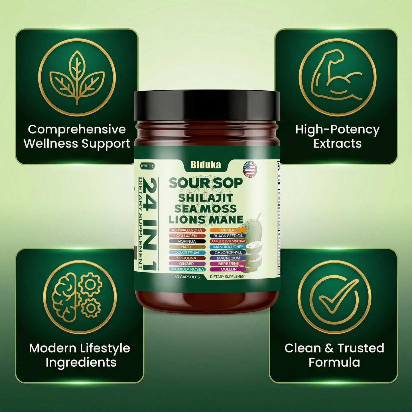 Biduka 24-in-1 Soursop Capsules with Shilajit, Sea Moss, Lions Mane, Ashwagandha, Elderberry, Vitamin C, D3 & Magnesium, 60 Count
