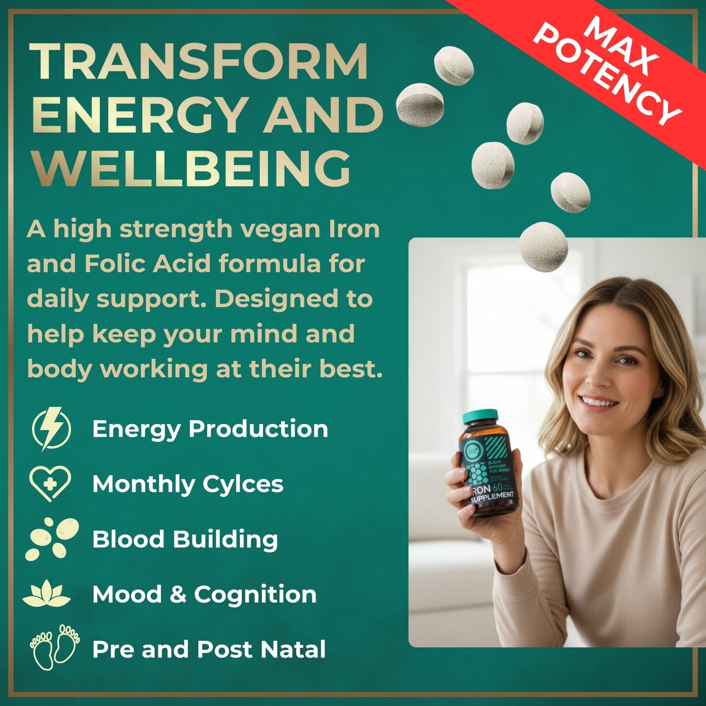 WILD FUEL Vegan Iron Supplement for Women with Folic Acid - Ferrous Sulfate 35 mg, Folic Acid 400 mcg, Iron Pills for Anemia & Pregnancy Support, 120 Tablets