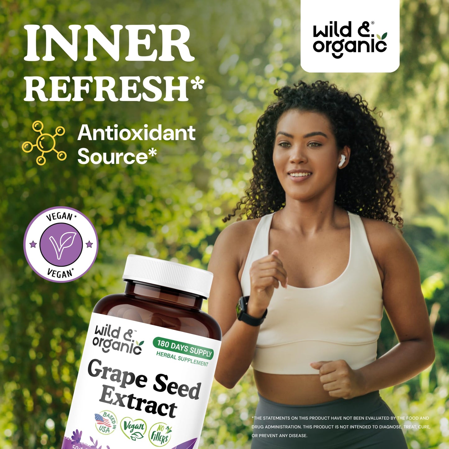 Wild & Organic Grape Seed Extract Capsules 400 mg - 95% Polyphenols, 180 Vegan Capsules