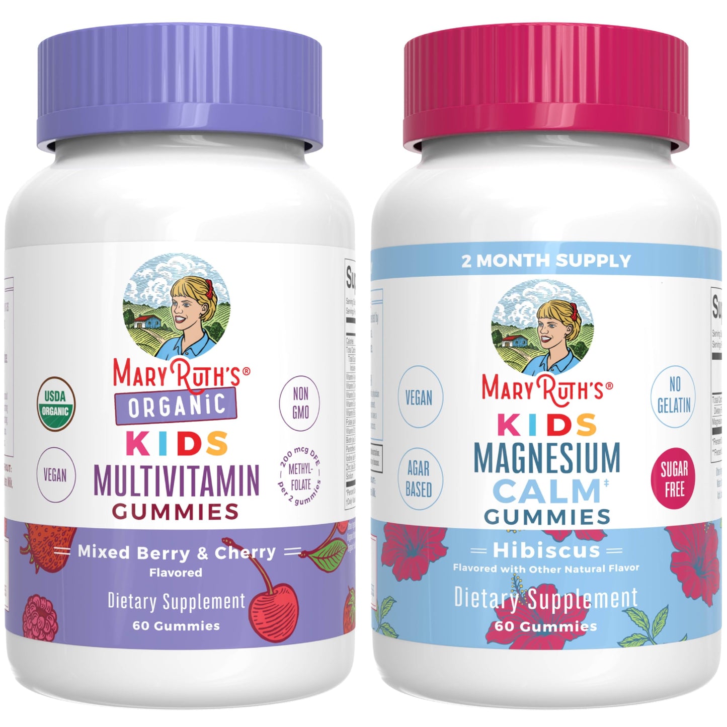 MaryRuth's Gummies for Kids Multivitamin & Magnesium Calm - USDA Organic (Mixed Berry & Cherry) Hibiscus, No Gelatin, 120 Gummies