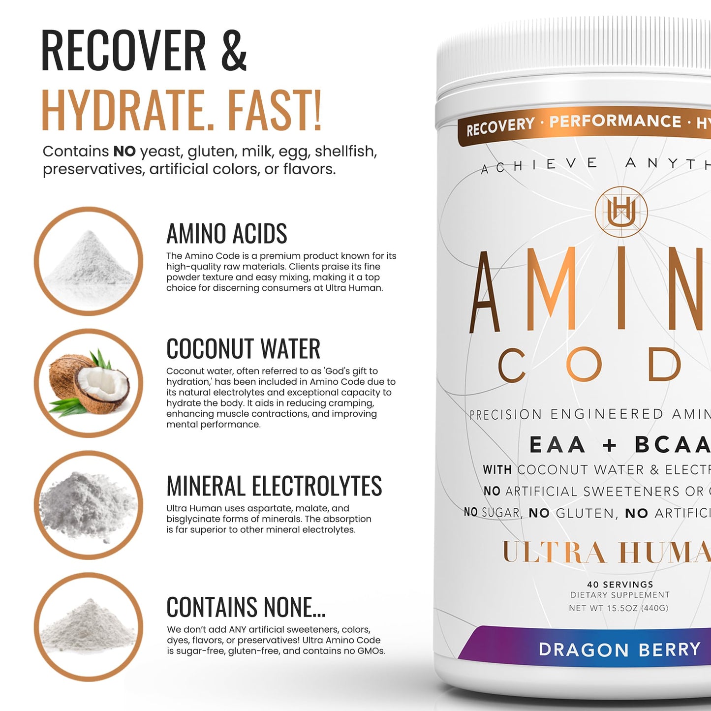 Ultra Human Amino Code EAA BCAA Powder Dragonberry, 15.5 Ounces