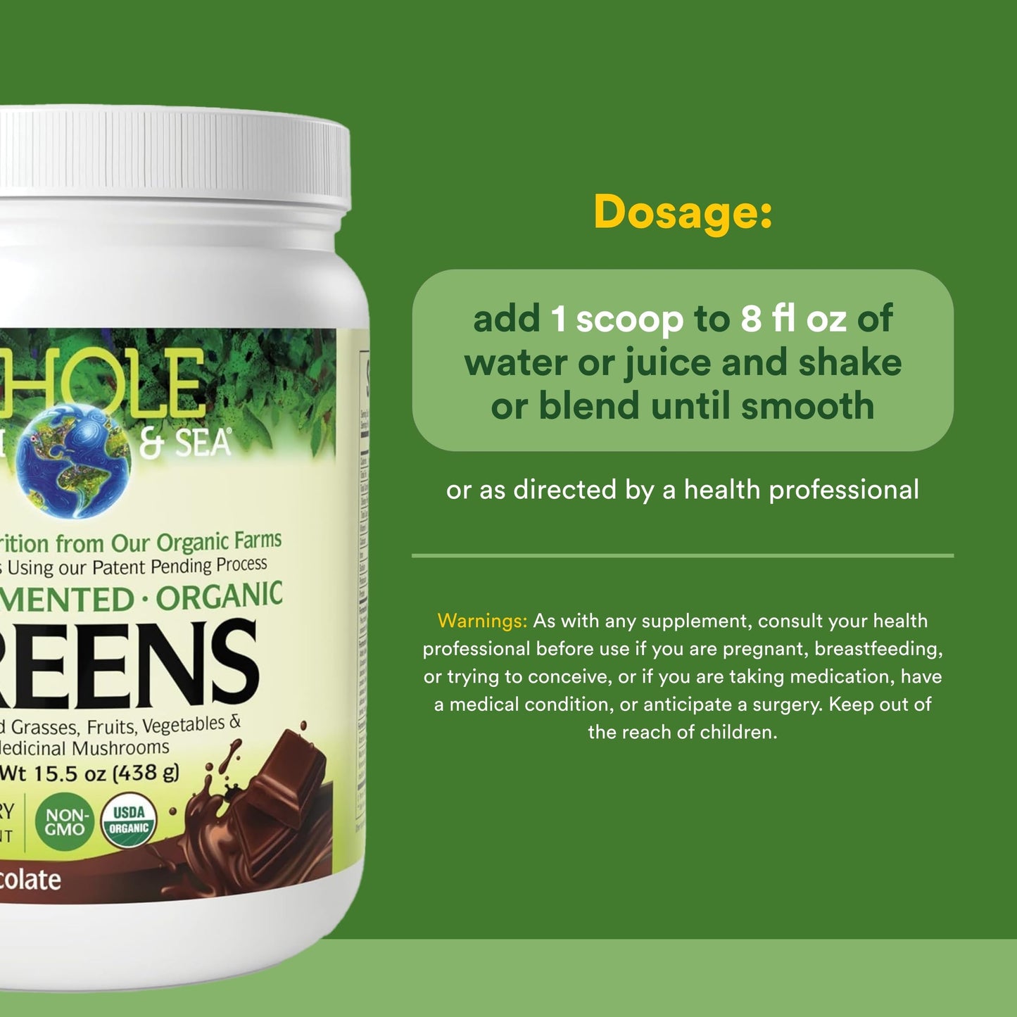 Natural Factors Whole Earth & Sea Organic Fermented Greens Vegan Whole Food Supplement Chocolate Powder 15.5 oz