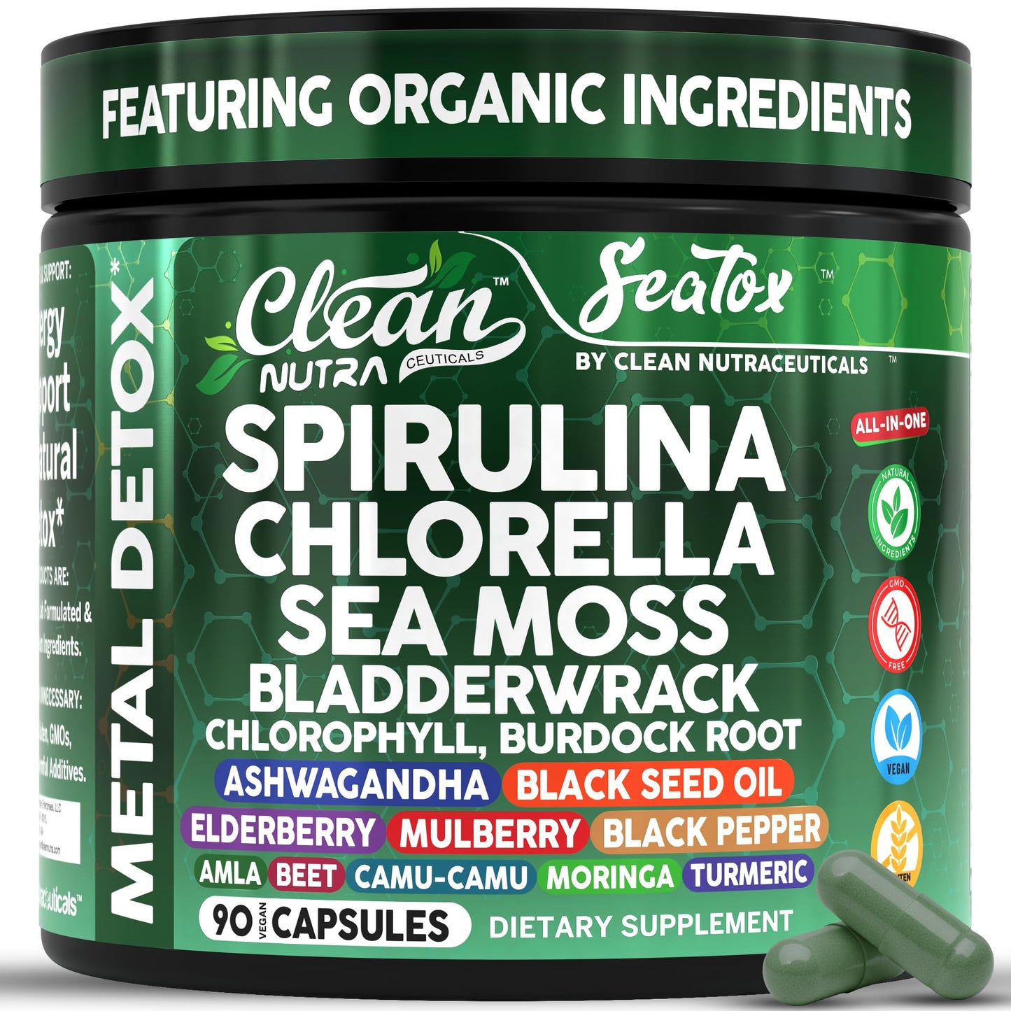 Clean Nutraceuticals Sea Tox Organic Spirulina and Chlorella Capsules, 90 Capsules