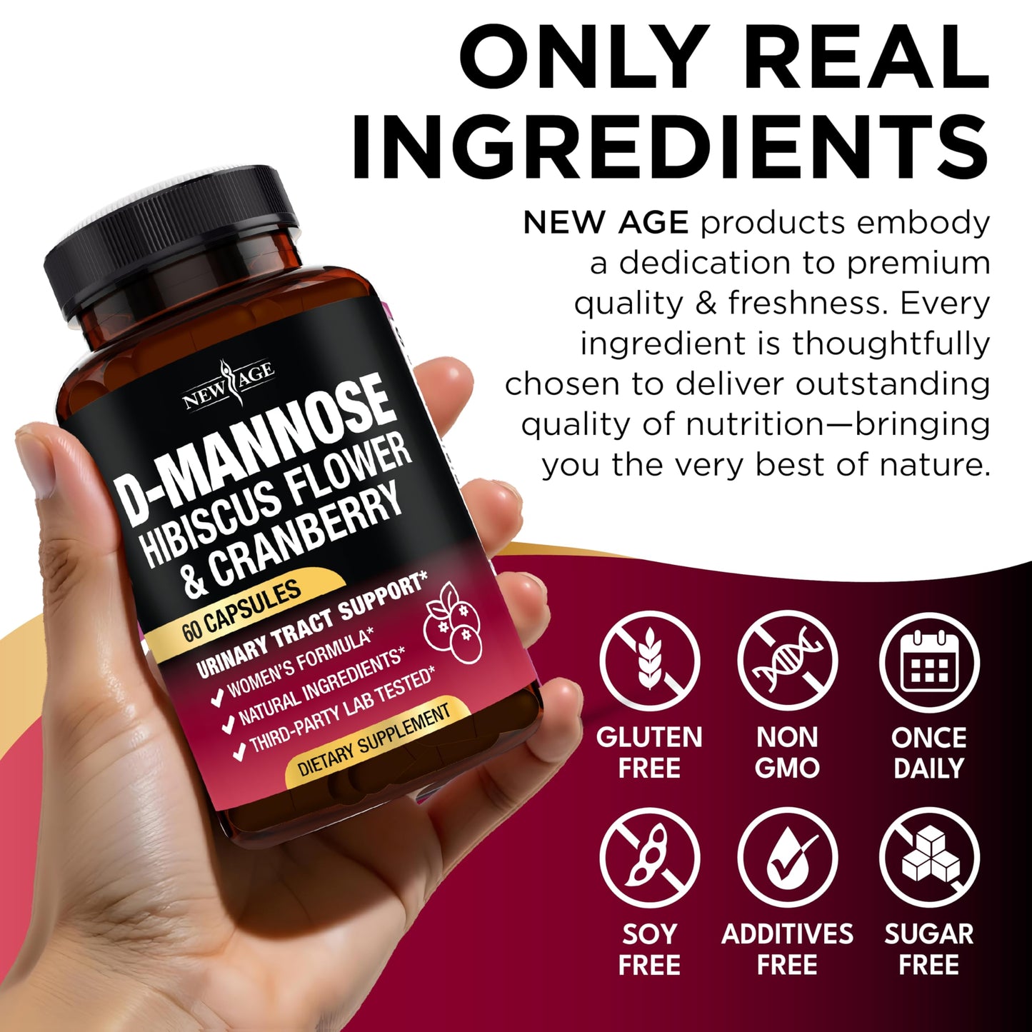 NEW AGE D-Mannose with Cranberry & Hibiscus High Strength for Urinary Tract Health - Made in USA - Vegan, 120 Capsules