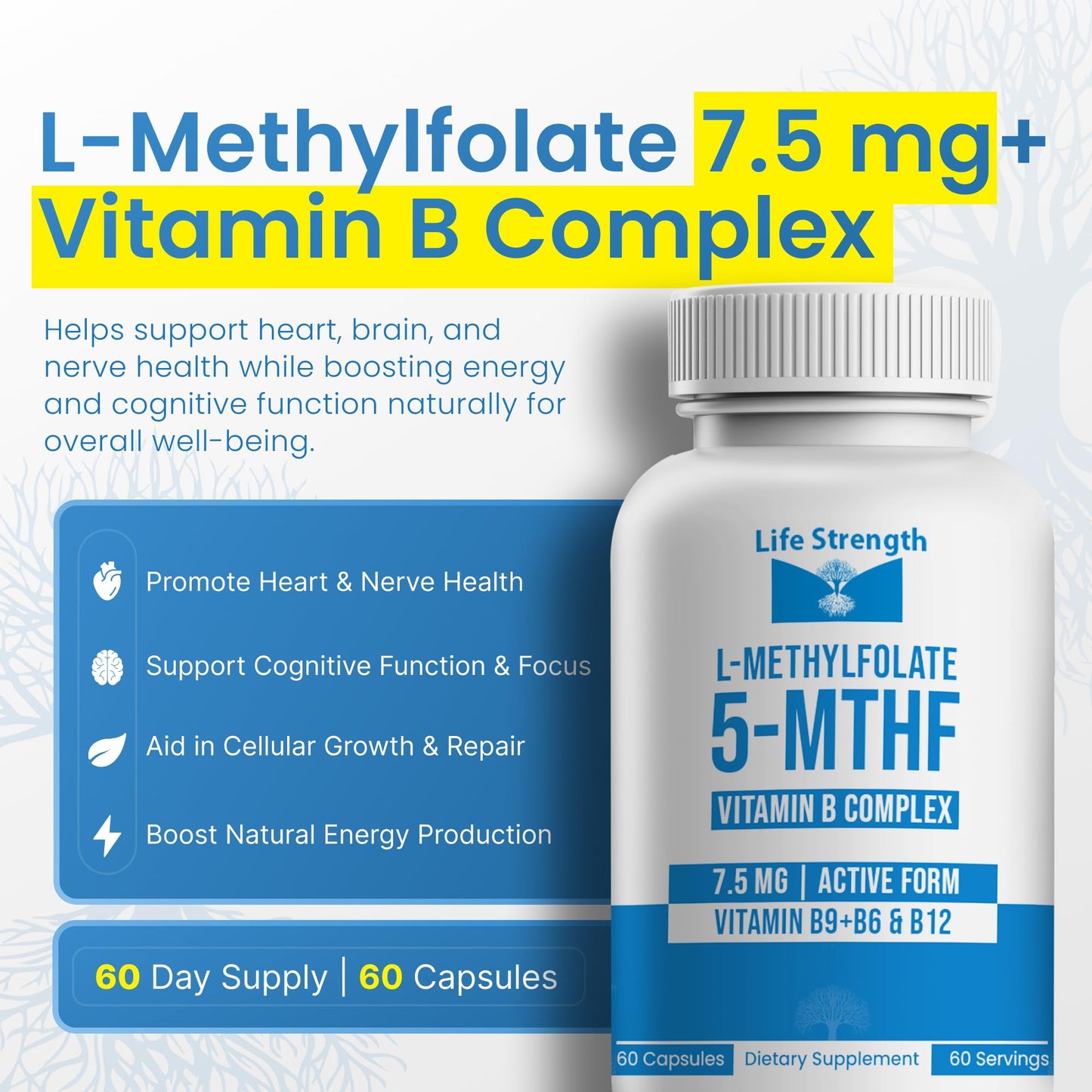 LifeStrength L-Methylfolate 7.5mg + Vitamin B Complex - 5-MTHF, B6 & B12 Methylcobalamin, 60 Capsules