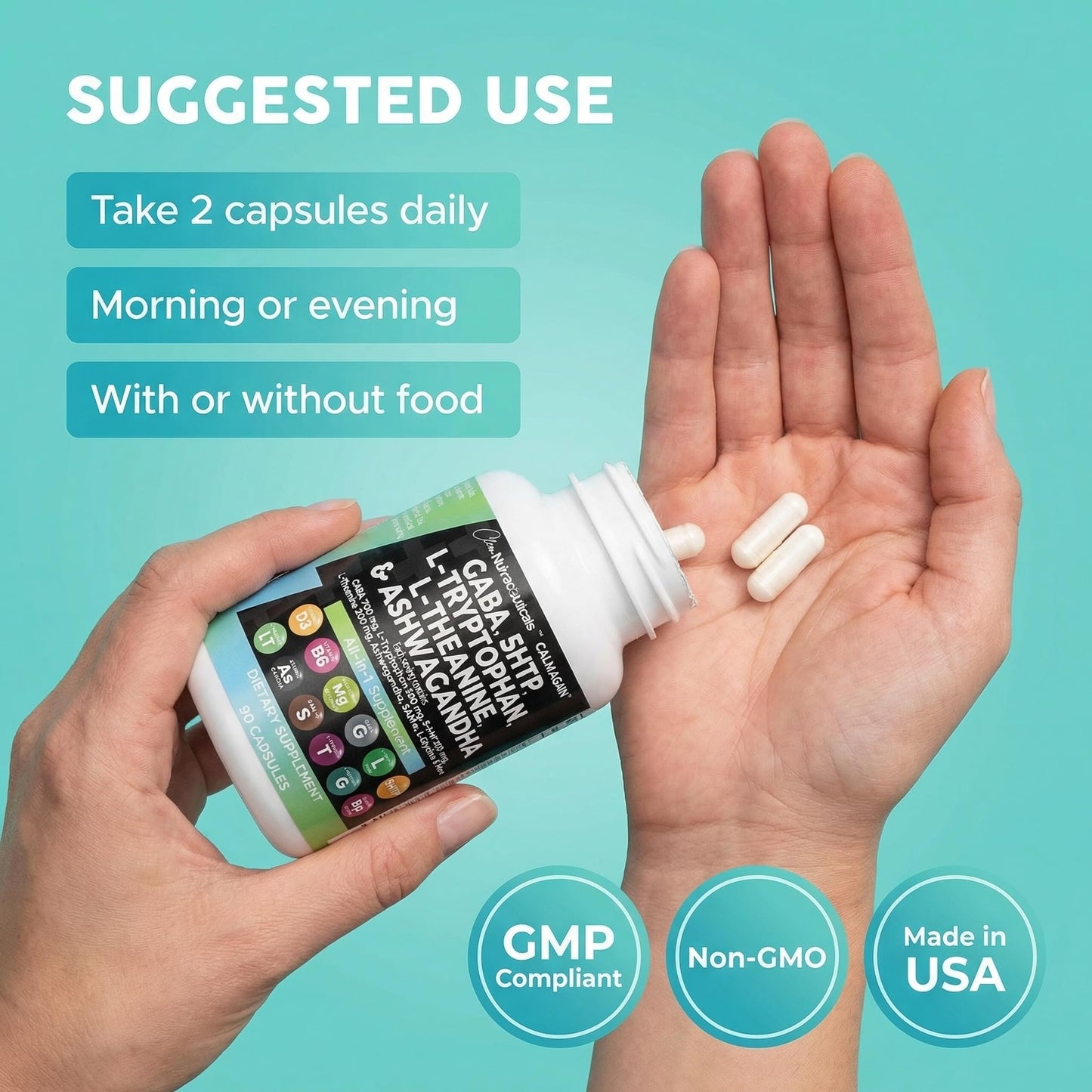 Clean Nutraceuticals GABA 750mg 5-HTP 200mg L-Tryptophan 500mg L-Theanine 200mg Ashwagandha SAM-e L-Glycine Mood Support Capsules 90 Count