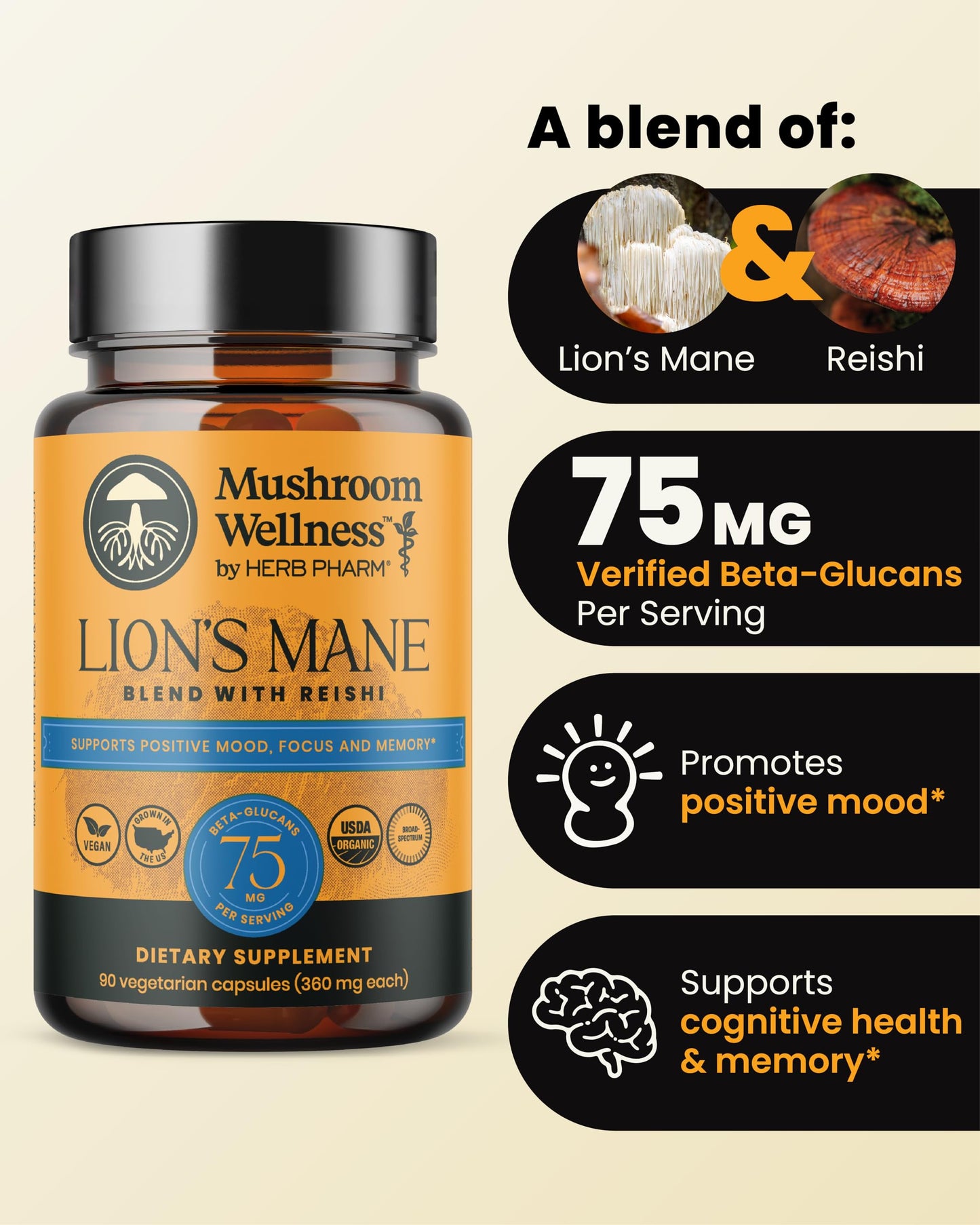 Herb Pharm Mushroom Wellness Lion’s Mane Blend with Reishi Capsules, 90 Capsules