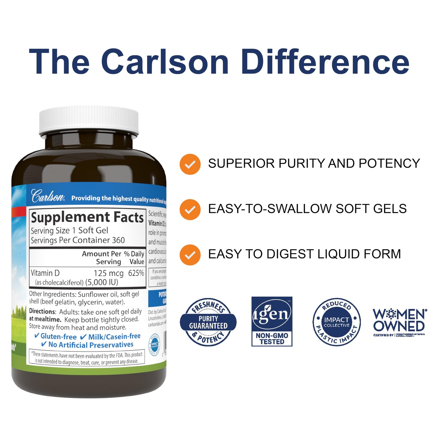 Carlson Vitamin D3 5000 IU (125 mcg) Bone Health Softgels 360
