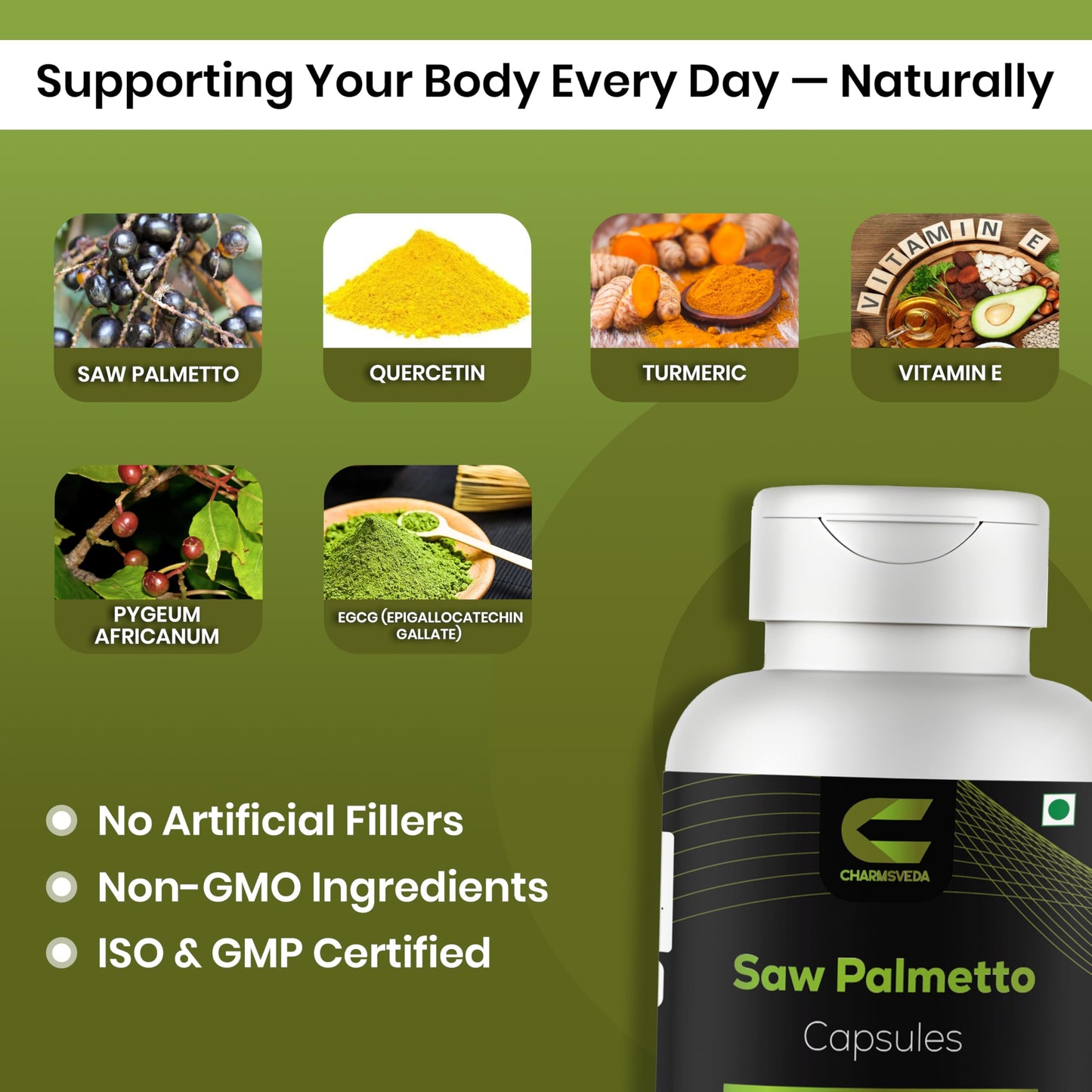 CHARMSVEDA Saw Palmetto Capsules with Quercetin, Pygeum & Turmeric – Heart Health, Overall Wellness & Immune Support, 60 Vegan Capsules