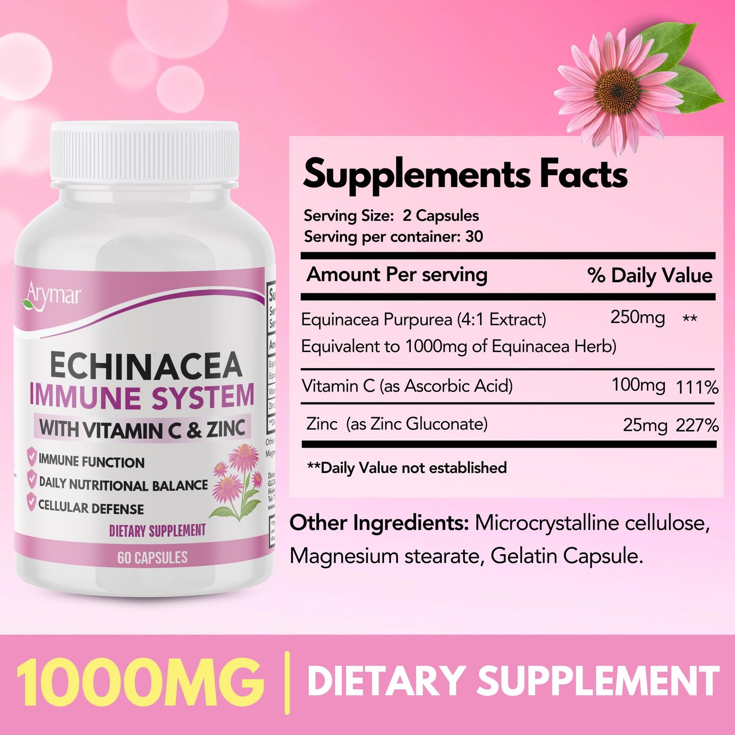 Arymar Echinacea Complex with Vitamin C & Zinc: 3-in-1 Seasonal Formula, Natural Antioxidant Rich Herbal Capsules, 60 Count