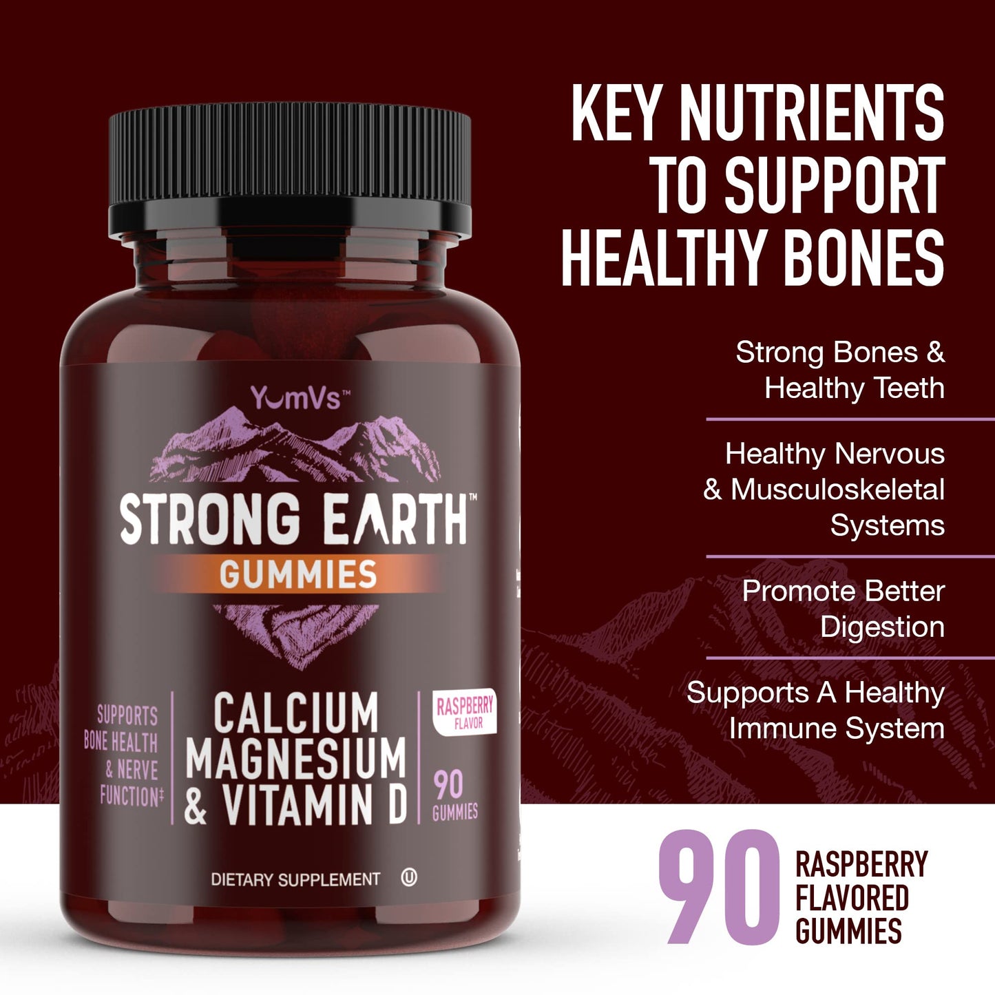 YUM-V'S Strong Earth Calcium, Magnesium, Vitamin D3 Gummies, 90 Count