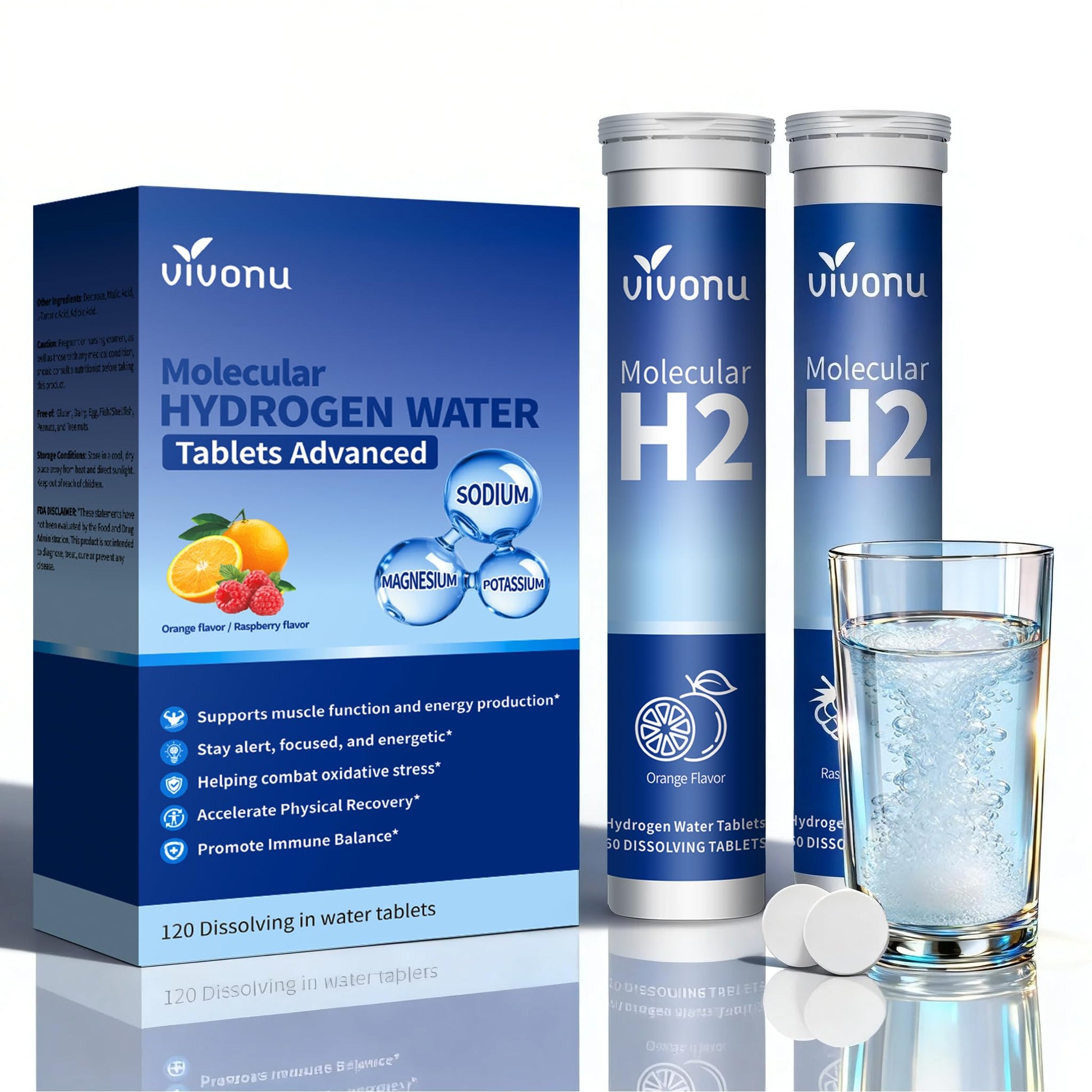 VivoNu Hydrogen Water Tablets with Electrolytes & Magnesium Complex, Vitamin C & D, 120 Tablets