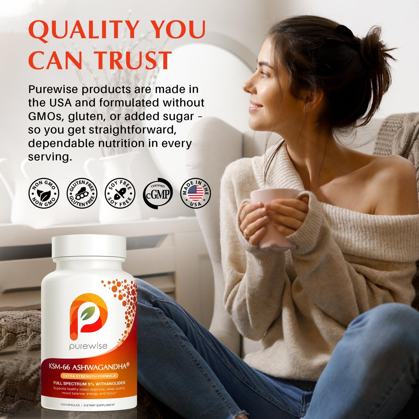 PureWise KSM-66 Ashwagandha 600mg Extra Strength Formula - Stress Relief Supplement for Sleep Support & Mood Support - Organic Full Spectrum 5% Withanolides Capsules, 120 Capsules