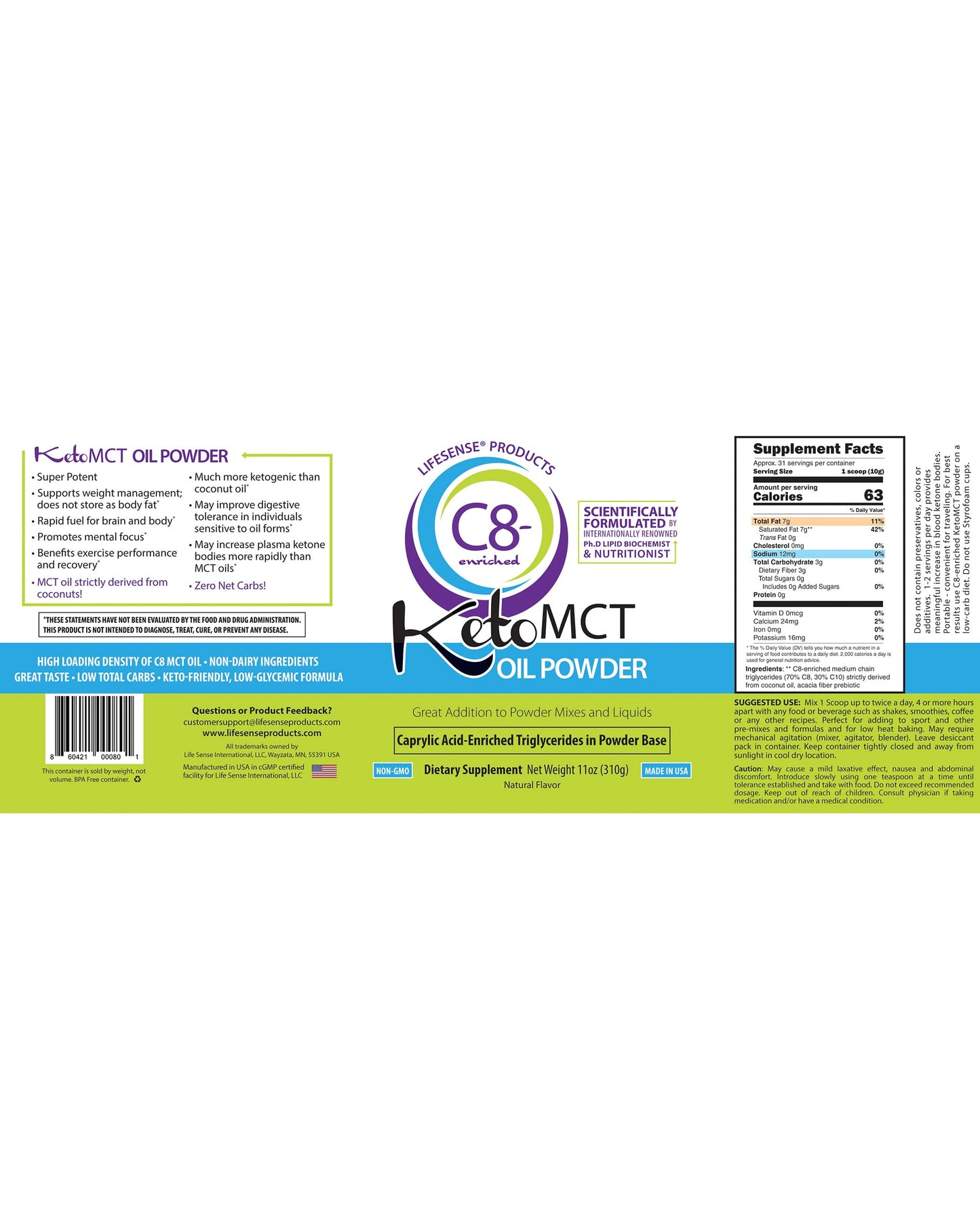 LifeSense C8 Enriched MCT Oil Powder 11 Ounce