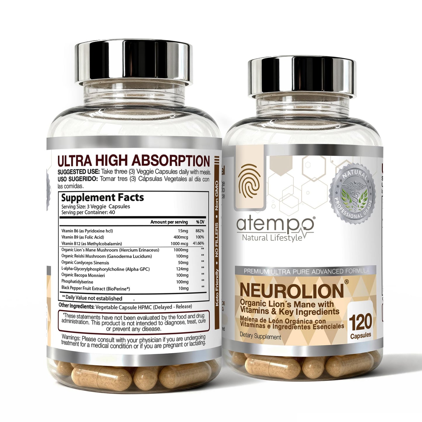 ATEMPO NATURAL LIFESTYLE Lion's Mane Mushroom Supplement for Brain Function, Immune System & Mental Clarity with Organic Lion’s Mane, Reishi & Cordyceps, 120 Capsules