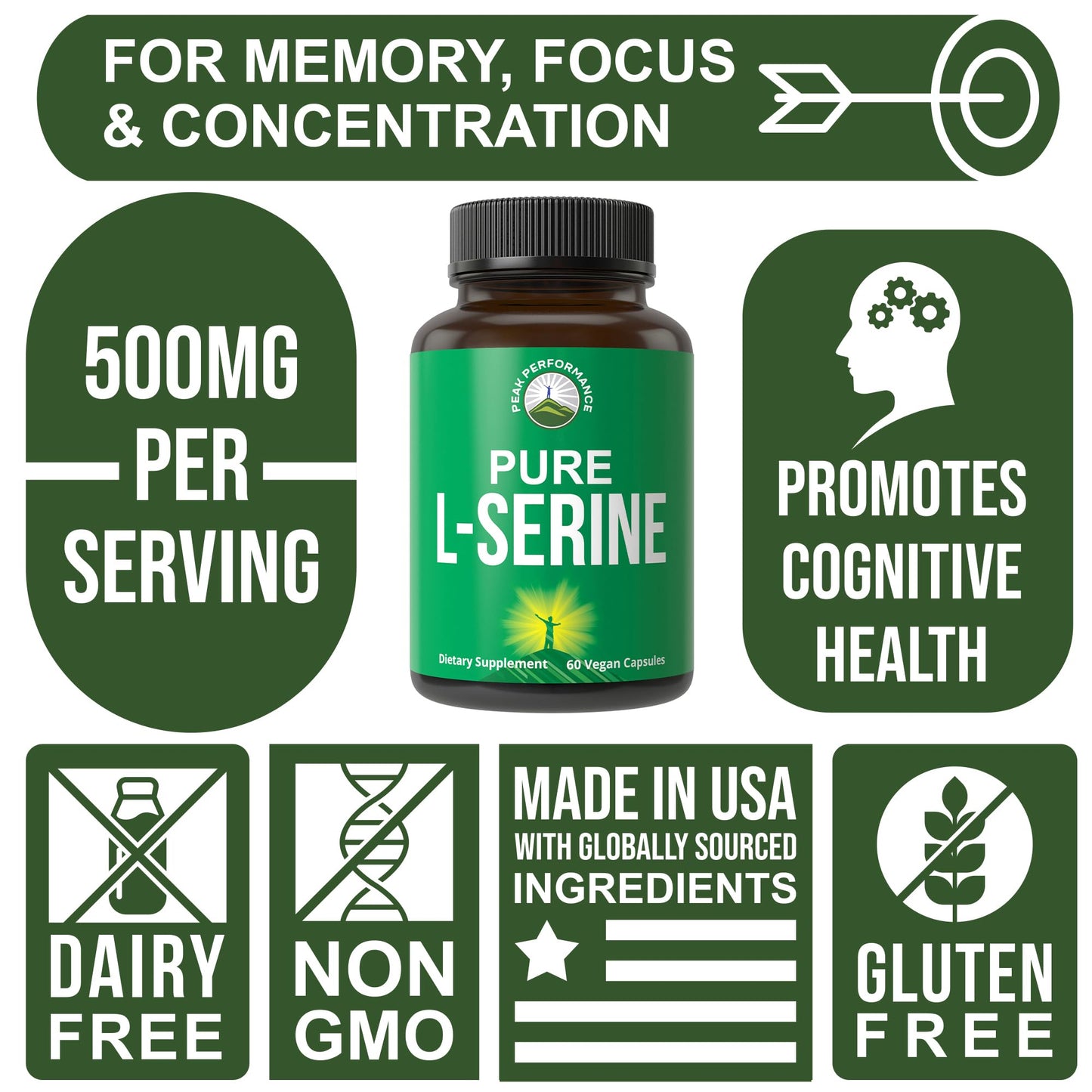 Peak Performance L-Serine Capsule 500mg, 60 Count