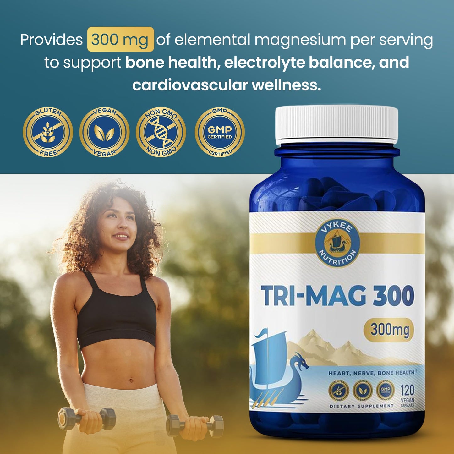 Vykee Nutrition Tri-Mag 300 Triple-Source Magnesium Complex Capsules 120 Count