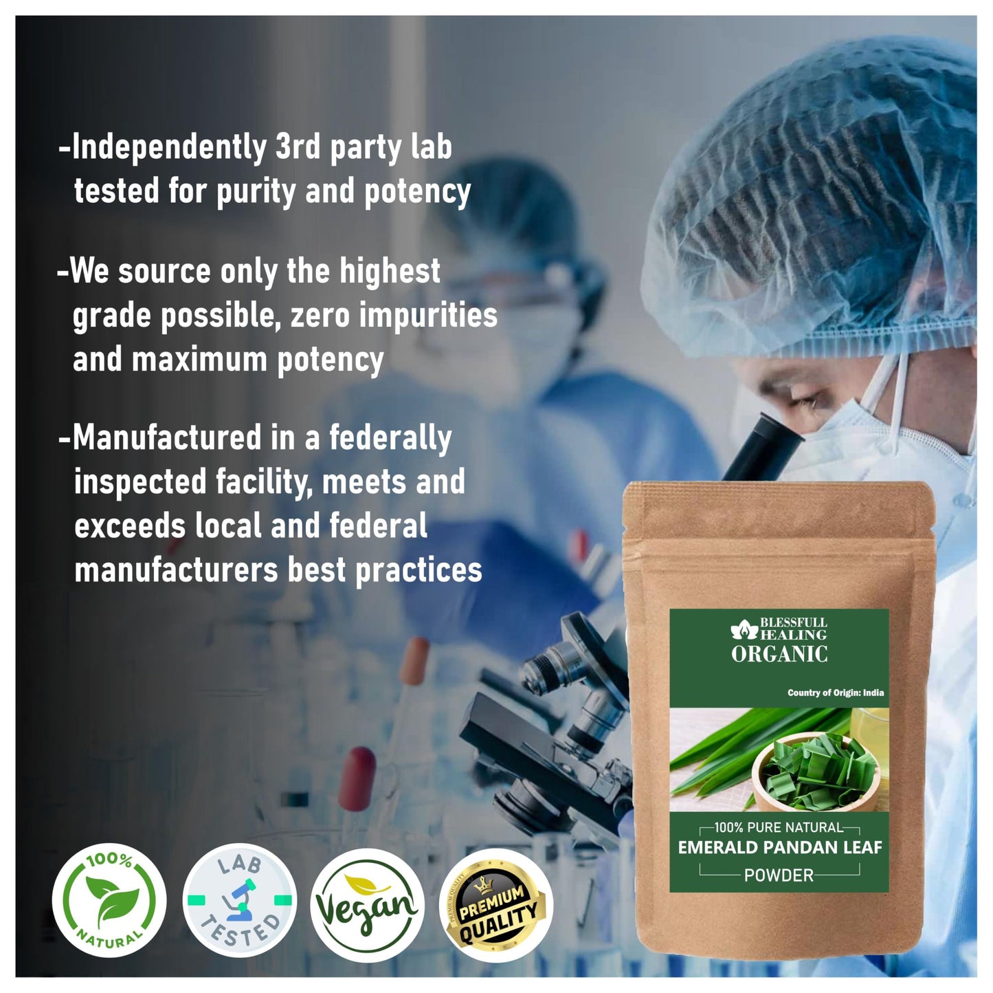 Blessfull Healing Organic Emerald Pandan Leaf Powder, 300 Gram