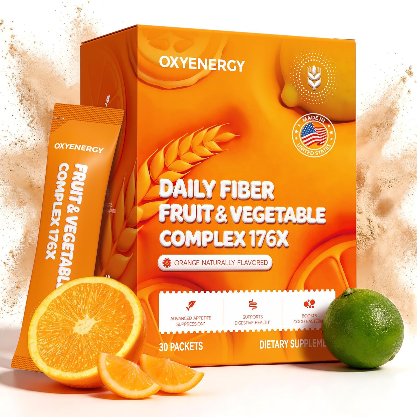 OxyEnergy Fiber Supplement Powder, 30 Packets, Orange Flavor