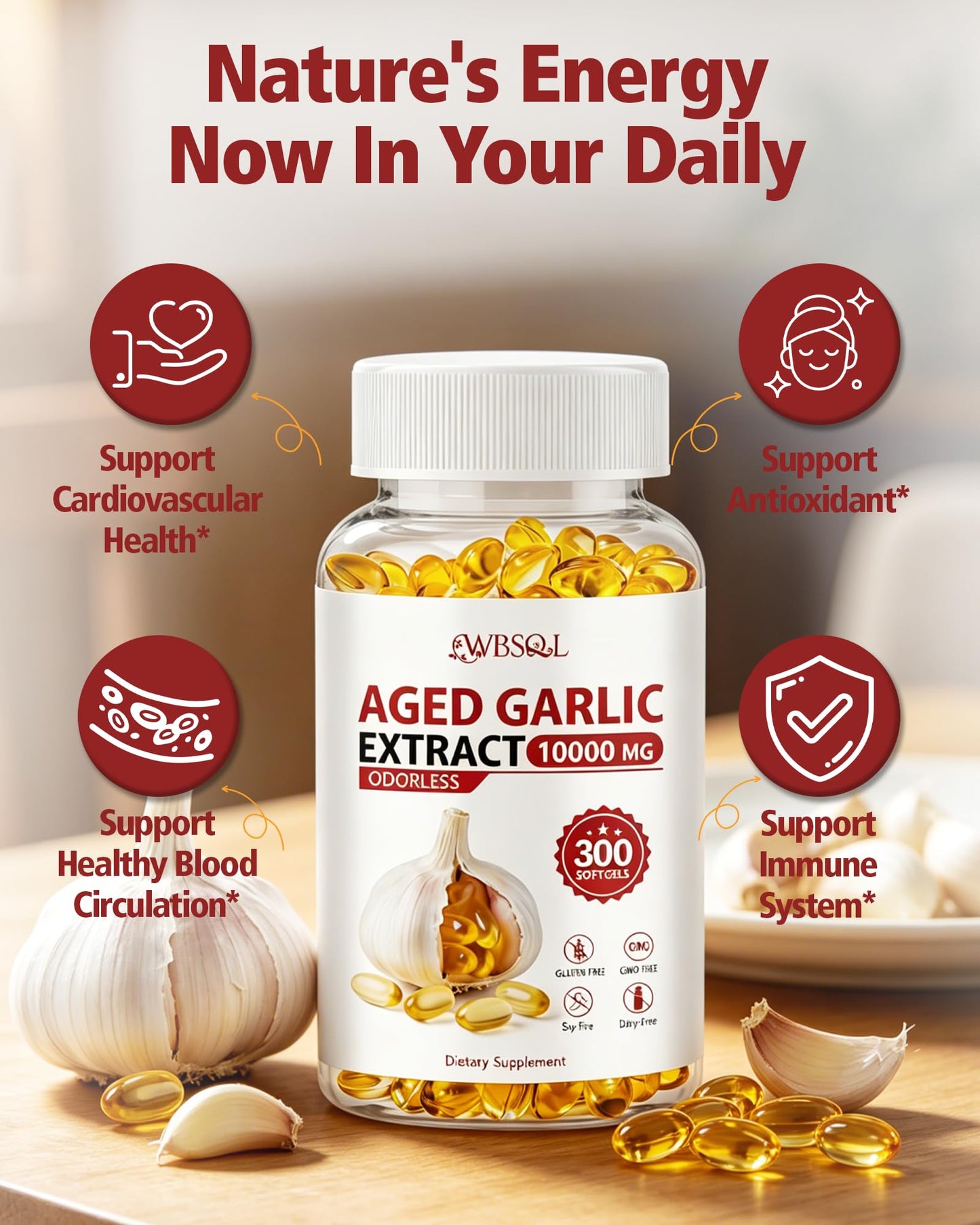 WBSQL Odorless Aged Garlic Extract 500mg Softgels, 300 Count