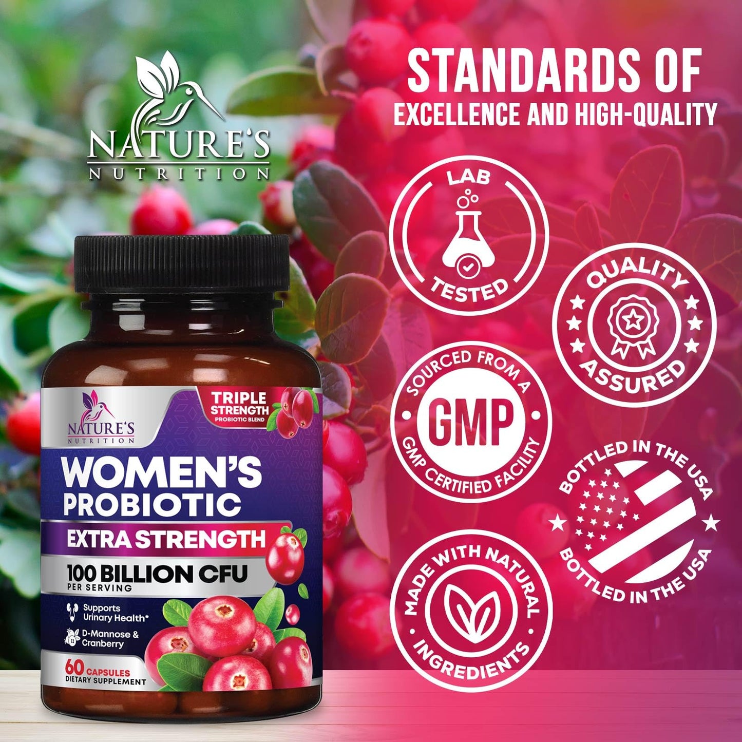 Nature's Nutrition Probiotics for Women Probiotic Blend 100 Billion CFU Per Serving, 16 Strains, Cranberry & Prebiotics Capsule, 60 Capsules
