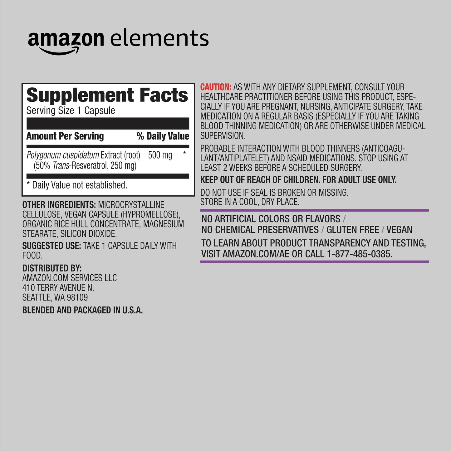 Amazon Elements Trans-Resveratrol 250 mg Capsule, 60 Count