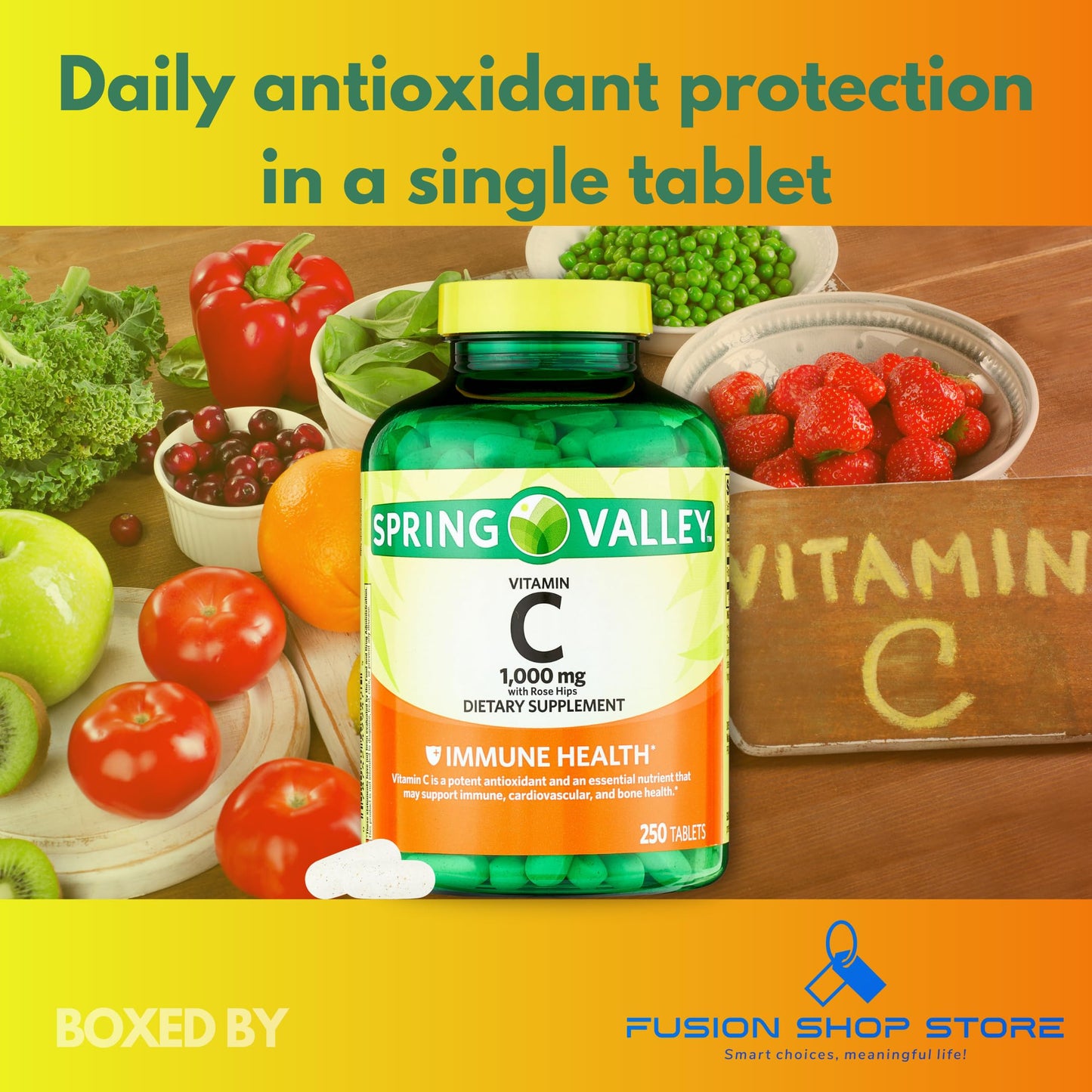 Fusion Shop Store Vitamin C 1000mg with Rose Hips, 250 Tablets