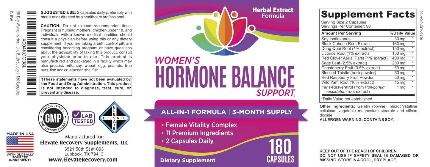 Elevate Recovery Supplements Women's Hormone Support Supplement 180 Capsules