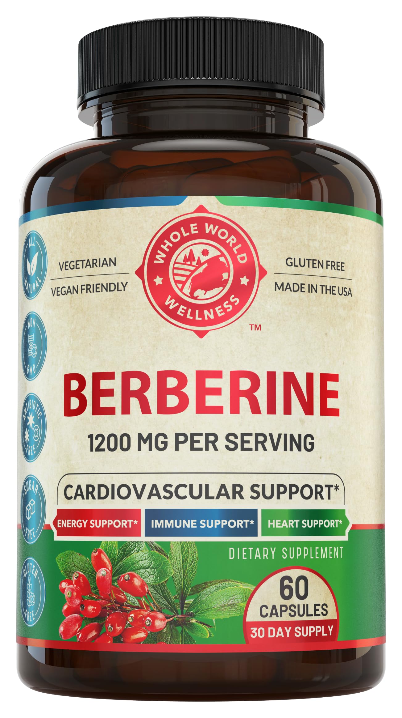 WHOLE WORLD WELLNESS Berberine 1200mg Herbal Health Capsules, 60 Count