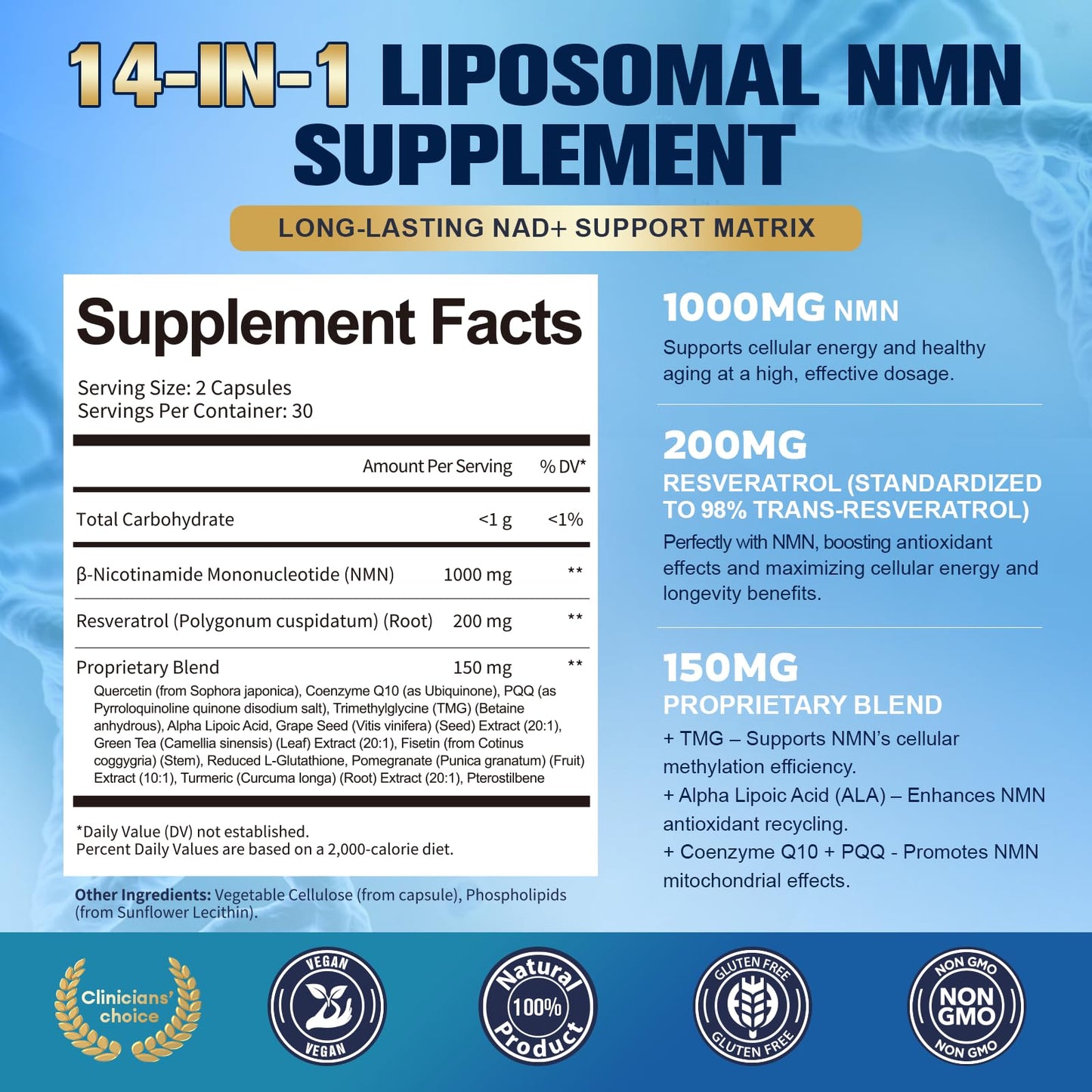 Totaria 14-in-1 Liposomal NMN Supplement 1000mg, 99% Pure NMN Resveratrol Complex with TMG, Quercetin, CoQ10, ALA, PQQ, Support NAD+ Levels, Healthy Aging, Stabilized Capsules 120 Count