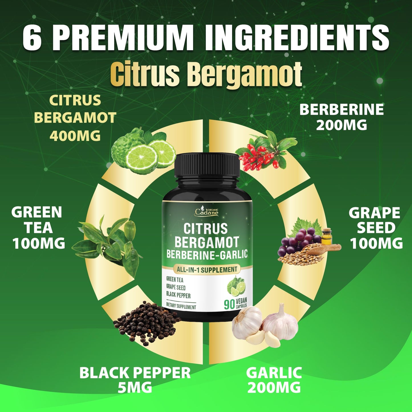 Organic Cadane Citrus Bergamot Supplement with Berberine, Garlic, Green Tea, Grape Seed & Black Pepper 90 Capsules
