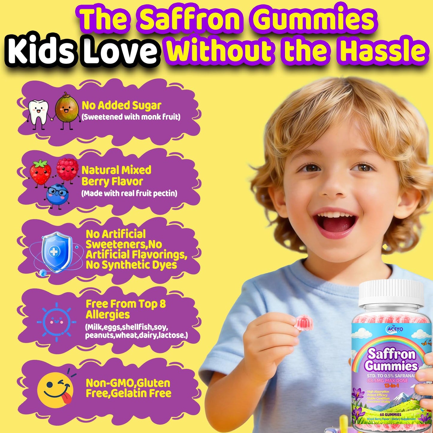 ACEYO Saffron Gummies for Adults & Kids, 60 Count