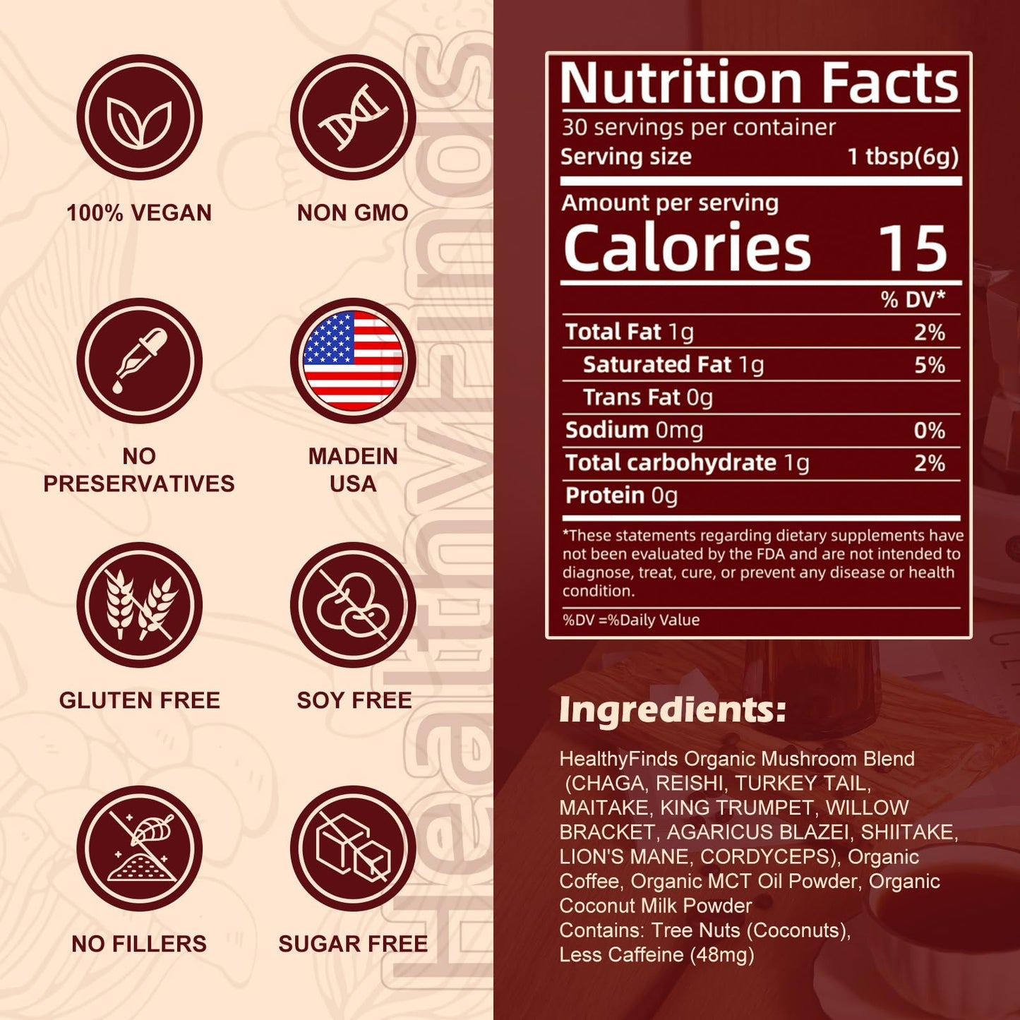 HealthyFinds Organic Mushroom Coffee Instant with 10 Superfood Mushrooms for Better Focus, Energy, Digestion & Immunity Powder 6.35 oz