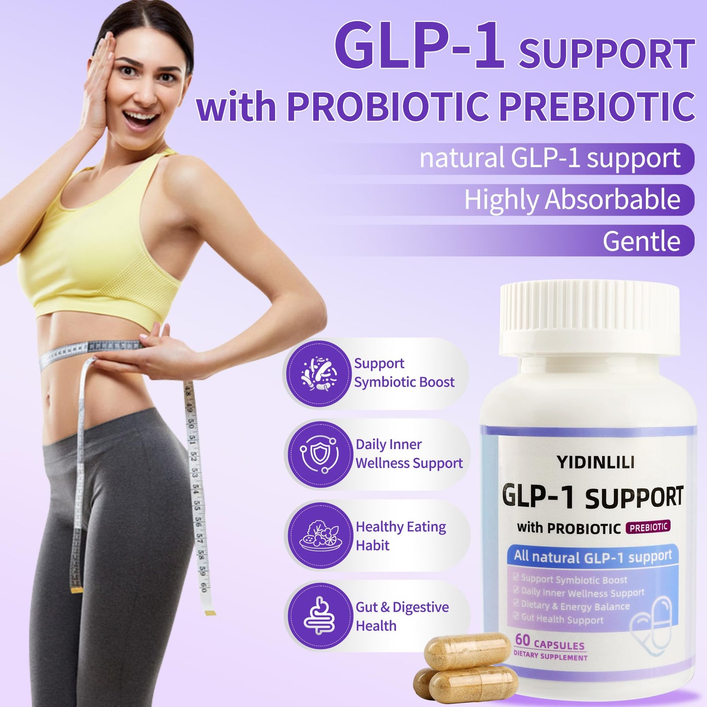 YIDINLILI GLP-1 Supplement for Women and Men Metabolic Support with Probiotic and Prebiotic, 60 Capsules