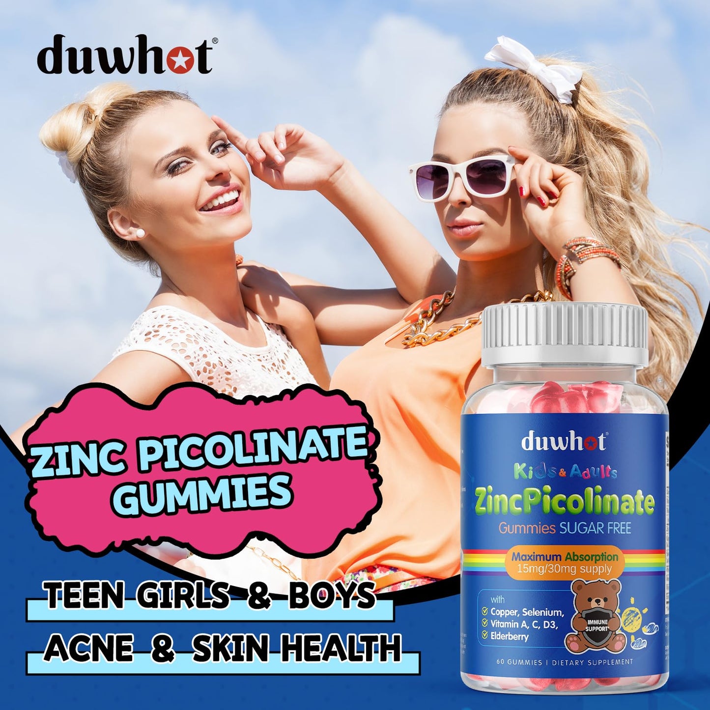 duwhot Zinc Picolinate 30mg Gummies with Copper, High Absorption Form, with Selenium, Elderberry, for Kids Teens Growth, Skin & Immune Health, Sugar Free, 60 Gummies