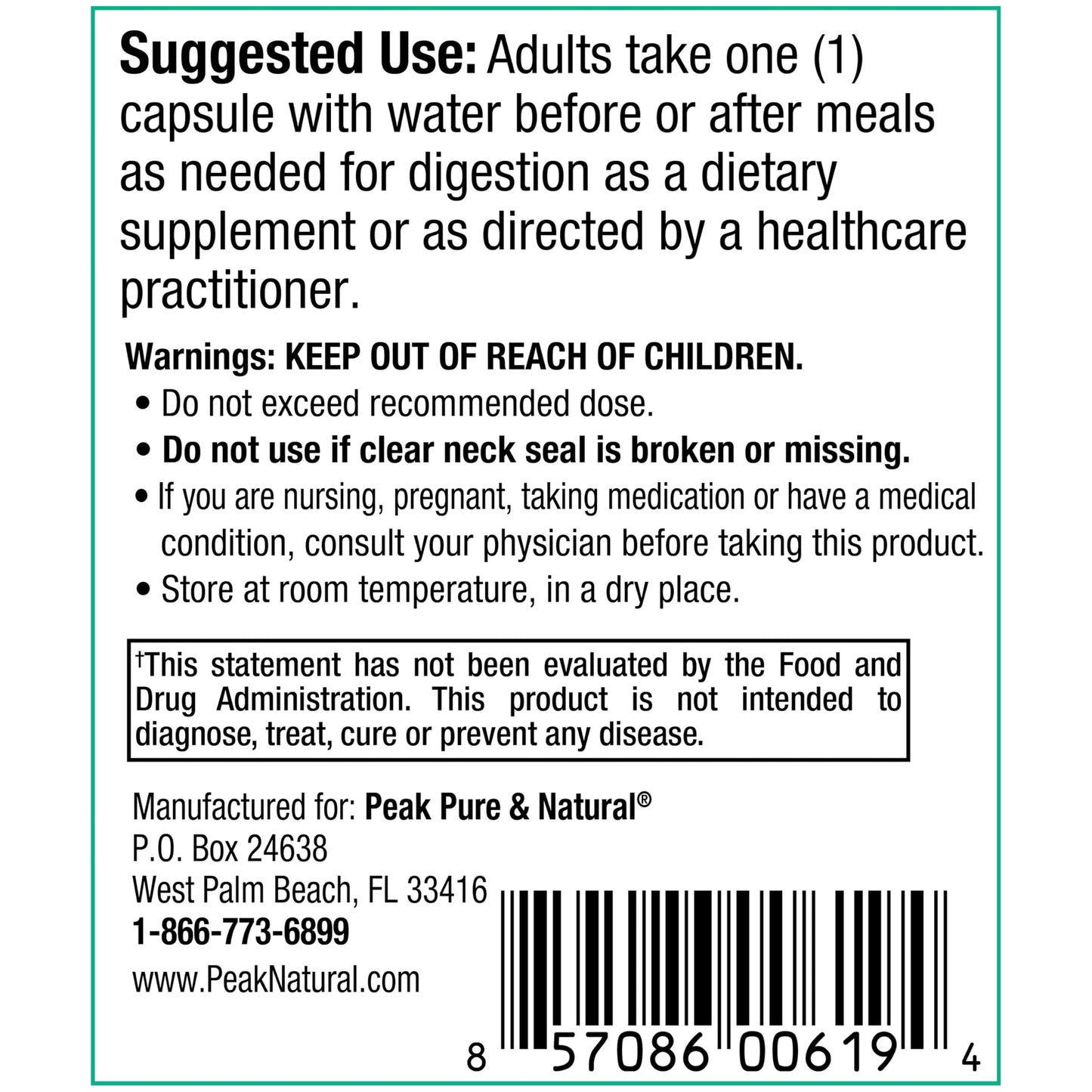 Peak Pure & Natural Peak Digestion Probiotic Supplement - Digestive Enzymes with Bacilus Subtilis Non Dairy Probiotic for Optimal Gut Health - Supports Gluten Digestion, Helps Deter Bloating & Constipation Capsules 30
