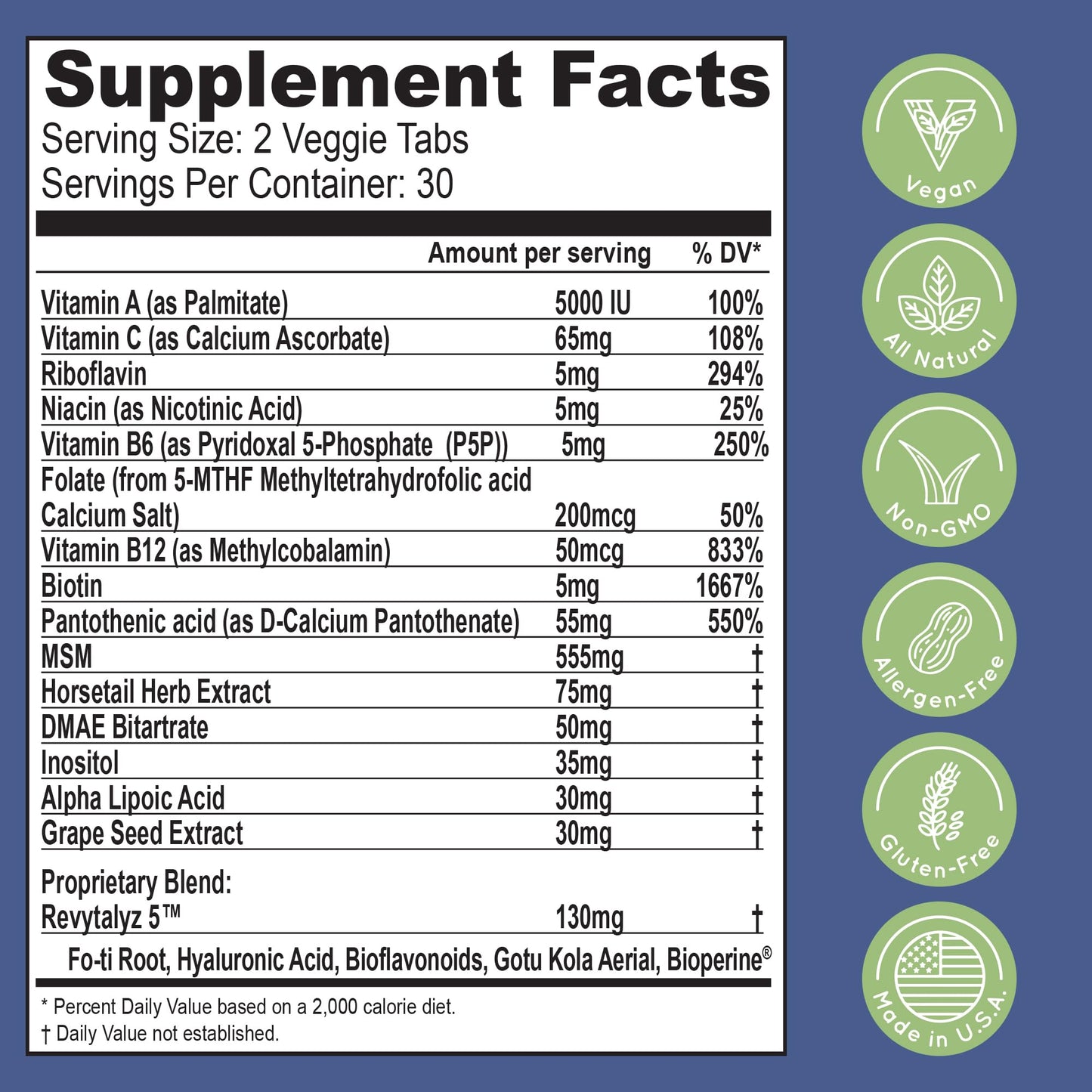 Essential Source Bonita V Hair, Skin & Nails Vitamins for Women and Men - 5000 mcg Biotin - Vegan Tablets, 60 Count