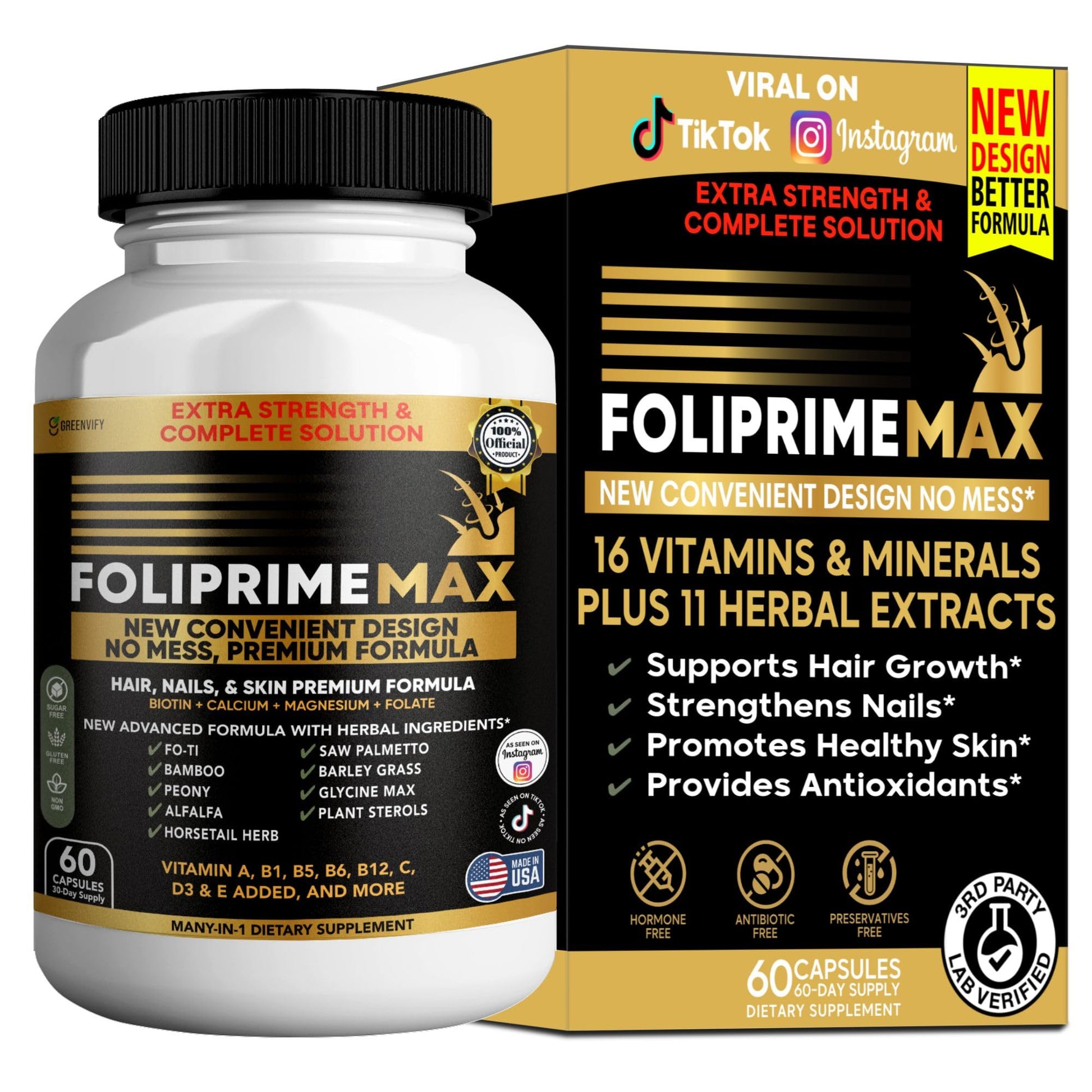 GREENVIFY Foliprime Max Hair, Nails & Skin Supplement with Biotin, Vitamins, Minerals & Herbal Blend, 60 Capsules