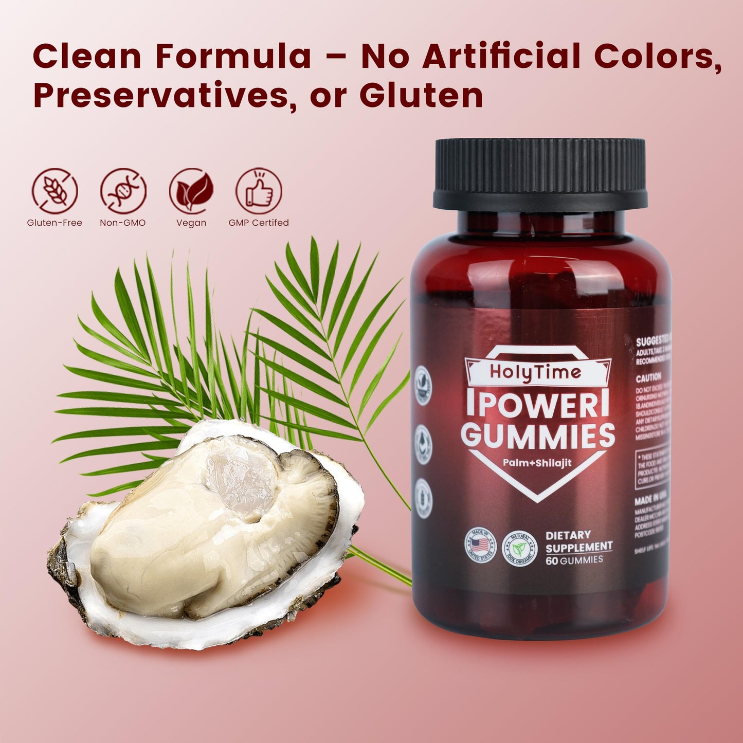 HolyTime Power Gummies Himalayan Shilajit, Oyster Peptide & Saw Palmetto, 60 Gummies
