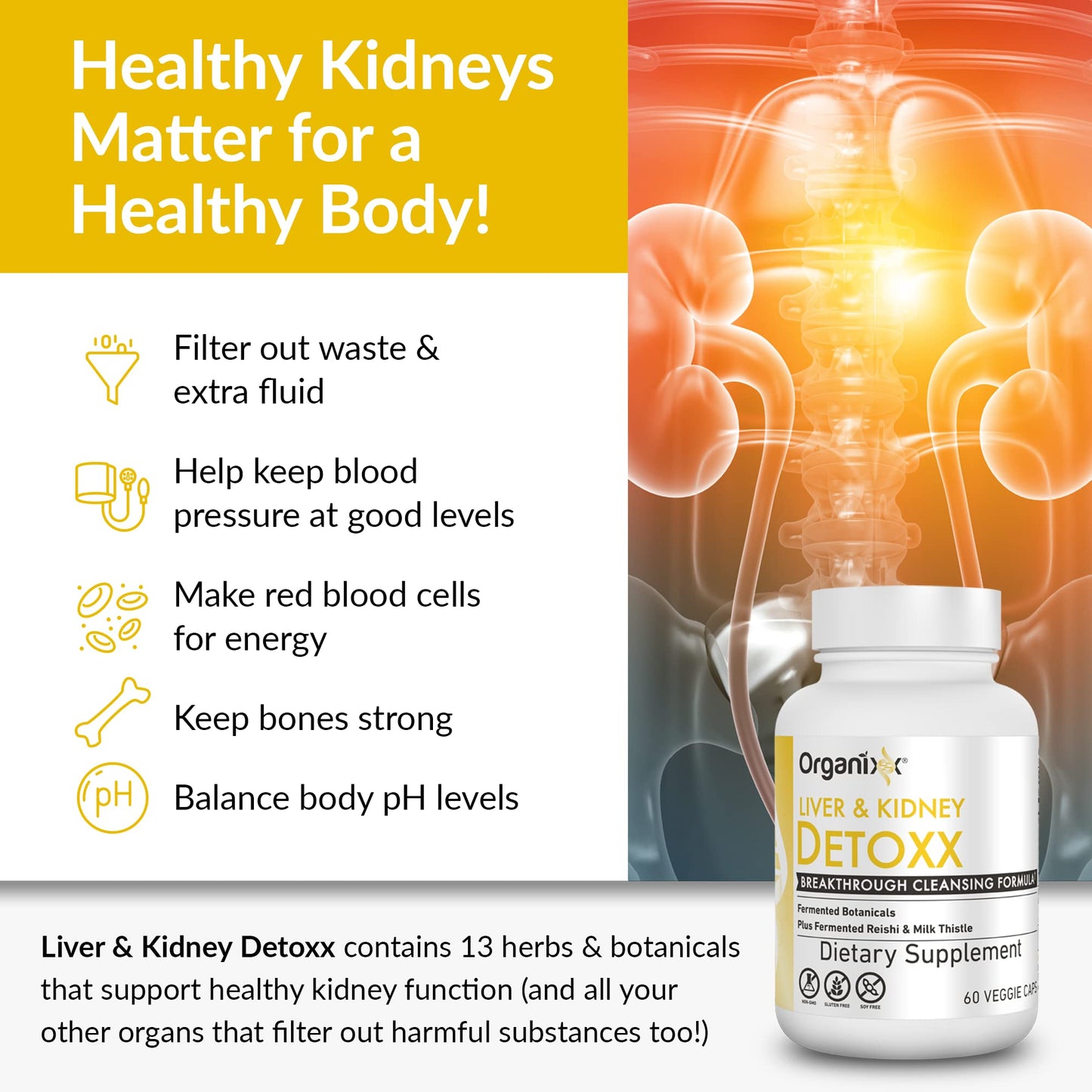 Organixx Kidney & Liver Support Cleanse Milk Thistle Reishi 60 Capsules
