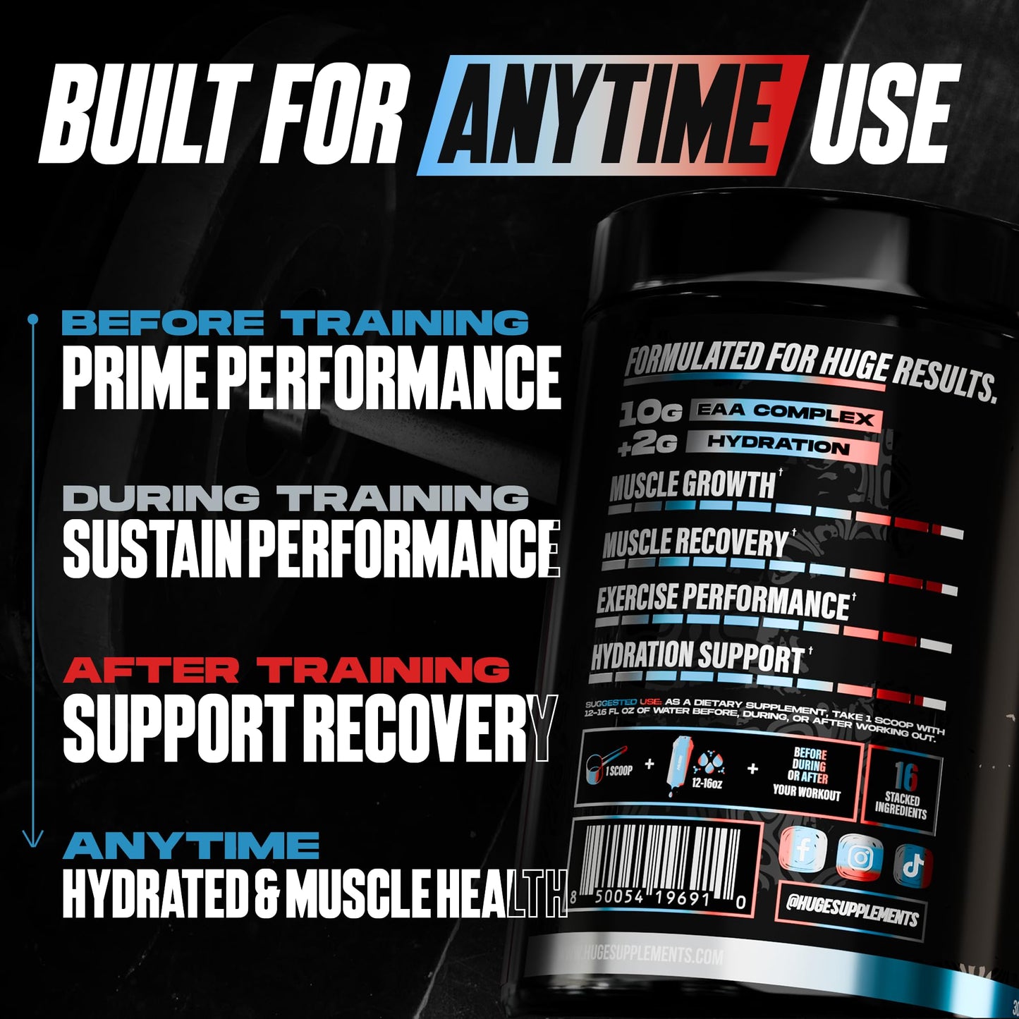 Huge Supplements EAA + Hydration Essential Amino Acids Powder, EAAs & BCAAs, Intra & Post Workout Recovery, Bomb Popsicle, 15.6 Ounce