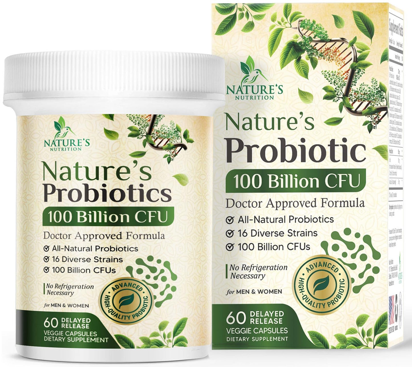 Nature's Nutrition Probiotics 100 Billion CFU Per Serving - 16 Premium Strains + Prebiotics - Probiotic Supplement for Adults - Supports Immune & Digestive Health & Occasional Constipation, 60 Capsules