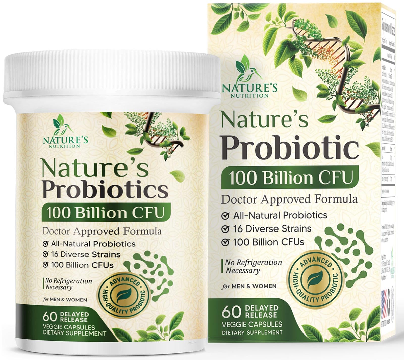 Nature's Nutrition Probiotics 100 Billion CFU Per Serving - 16 Premium Strains + Prebiotics - Probiotic Supplement for Adults - Supports Immune & Digestive Health & Occasional Constipation, 60 Capsules